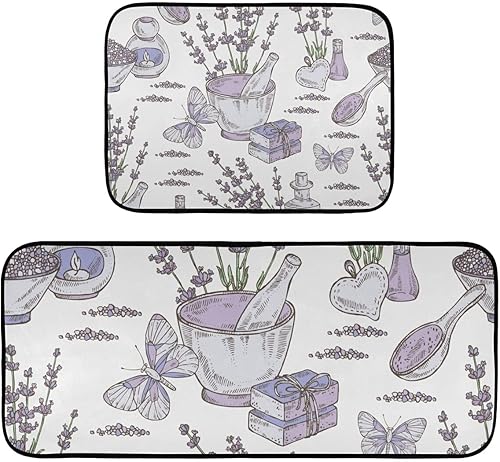 Juego de 2 alfombras y tapetes de cocina con flores de lavanda, antideslizantes, lavables, juego de 2 para decoración del hogar, fregadero, cocina,