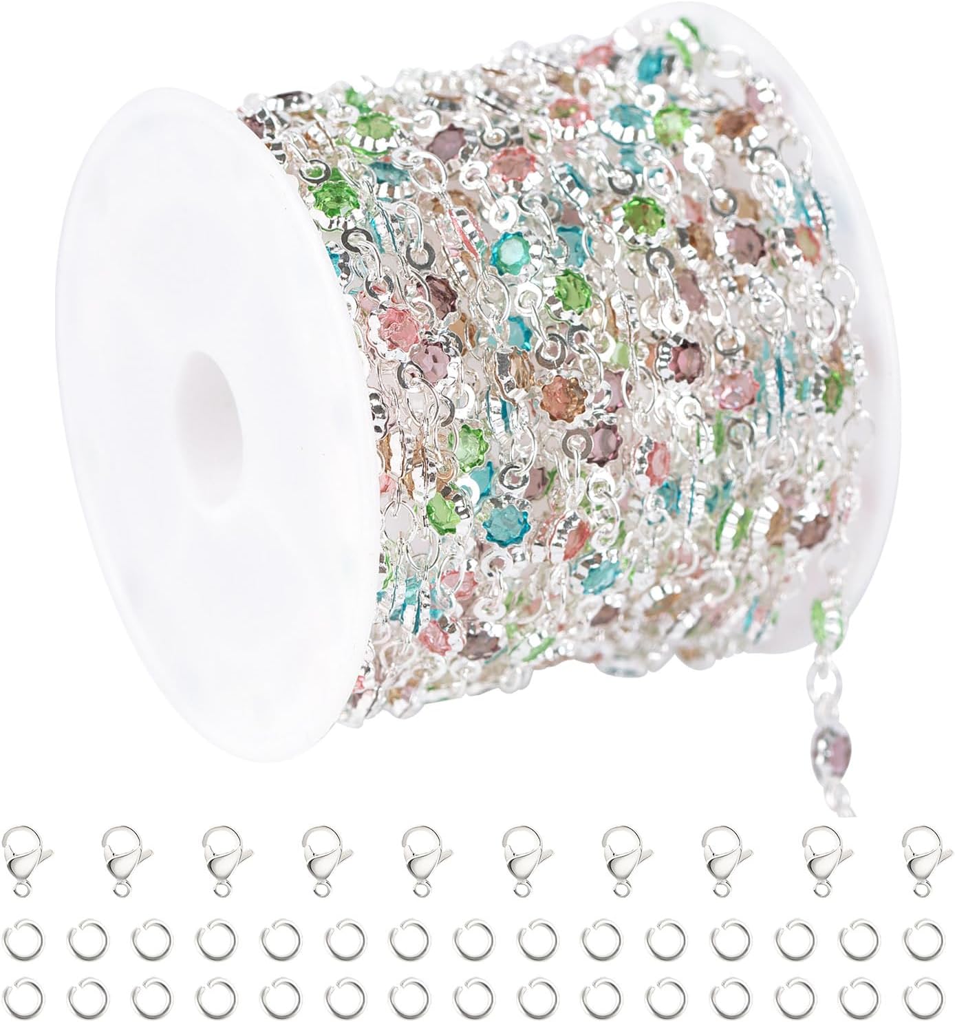 YOUBEIYEE 3 Yard Colorful Rhinestone Jewelry Chain for Jewelry Making Silver Plated Brass Chains Bulk with Jump Rings and Lobster Clasps