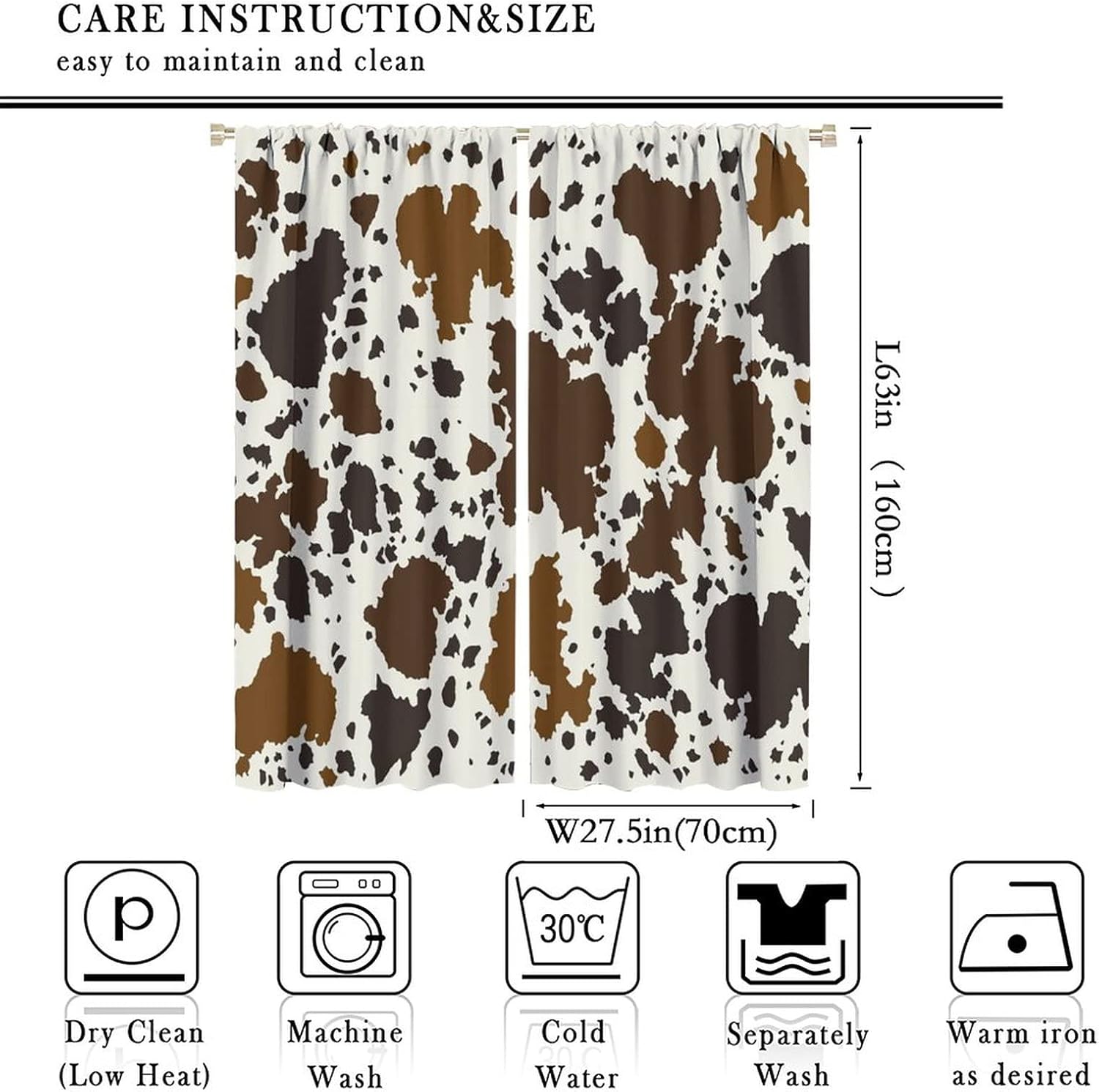 Abstract Cowhide Cow Skin Blackout Curtains for Bedroom,Retro Wildlife Cow Leather Window Drapes - Thermal Insulated and Noise Reduction,2 Panels 63L x 27.5W Room Darkening Curtains