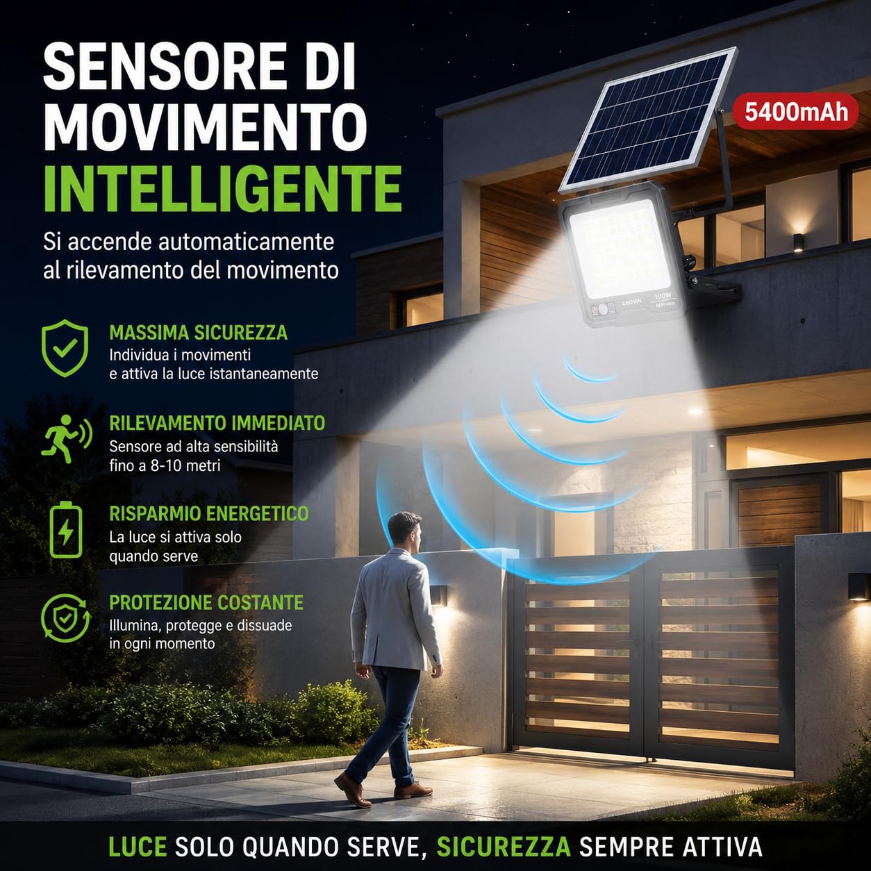 Generico Faretto Solare LED 1000W con Pannello Solare Esterno, Sensore di Movimento PIR, Telecomando, Batteria 5400mAh, 144 LED Alta Luminosità, Impermeabile IP66 per Giardino, Cortile, Garage