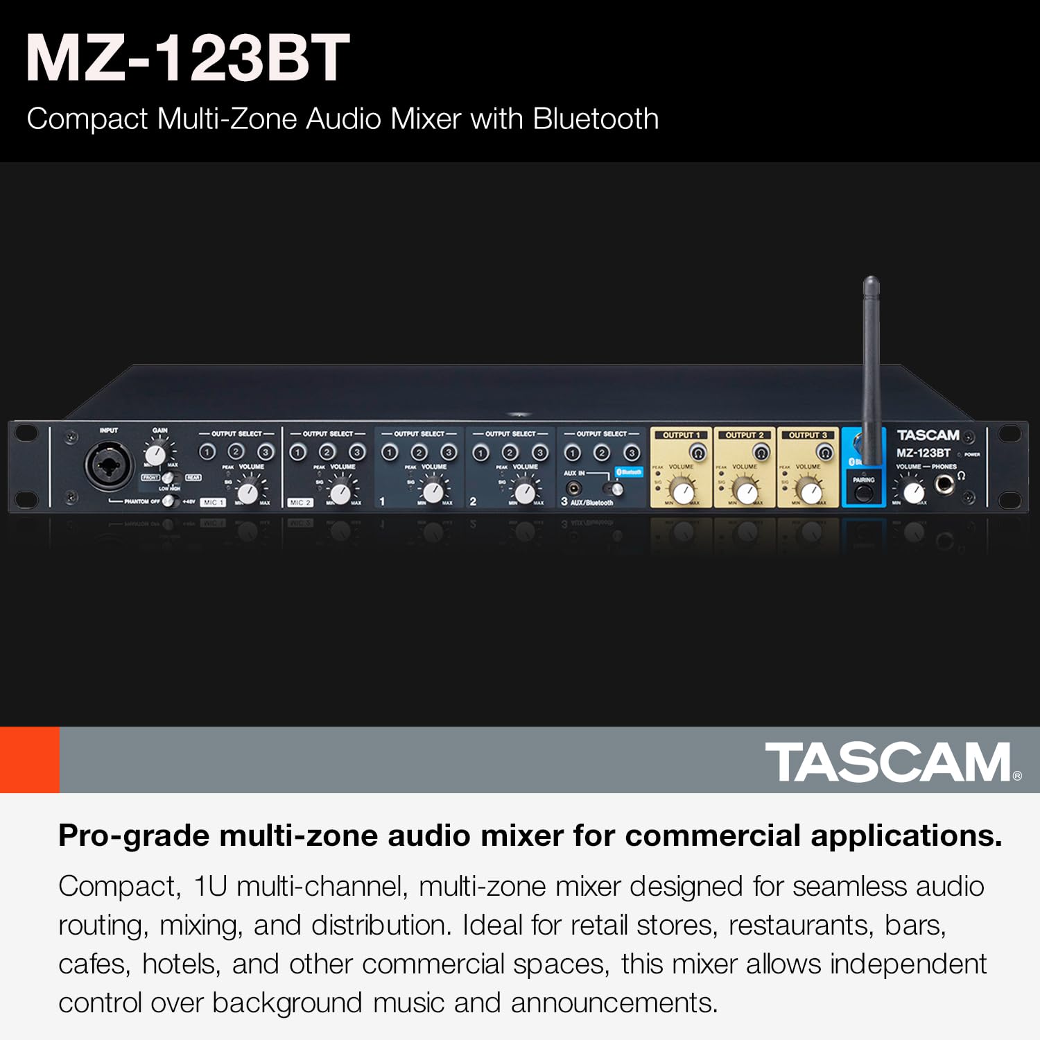 Tascam Commercial-Grade Multi-Zone Audio Mixer, Bluetooth, Mic and Line Inputs (MZ-123BT)
