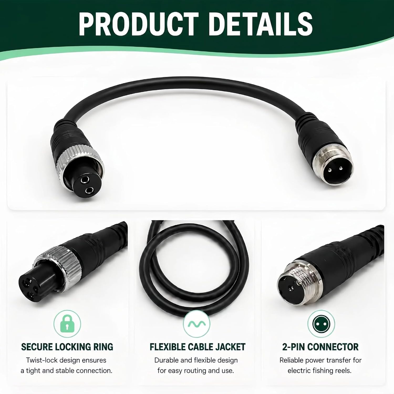 1.8FT Electric Fishing Reel Power Cord for Daiwa BM Prof Series Batteries | Fits for Daiwa Tanacom 1200, 1000, 800, 750, 500 and Seaborg 500MJ; for Shimano BeastMaster, ForceMaster, Leobritz and Plays.