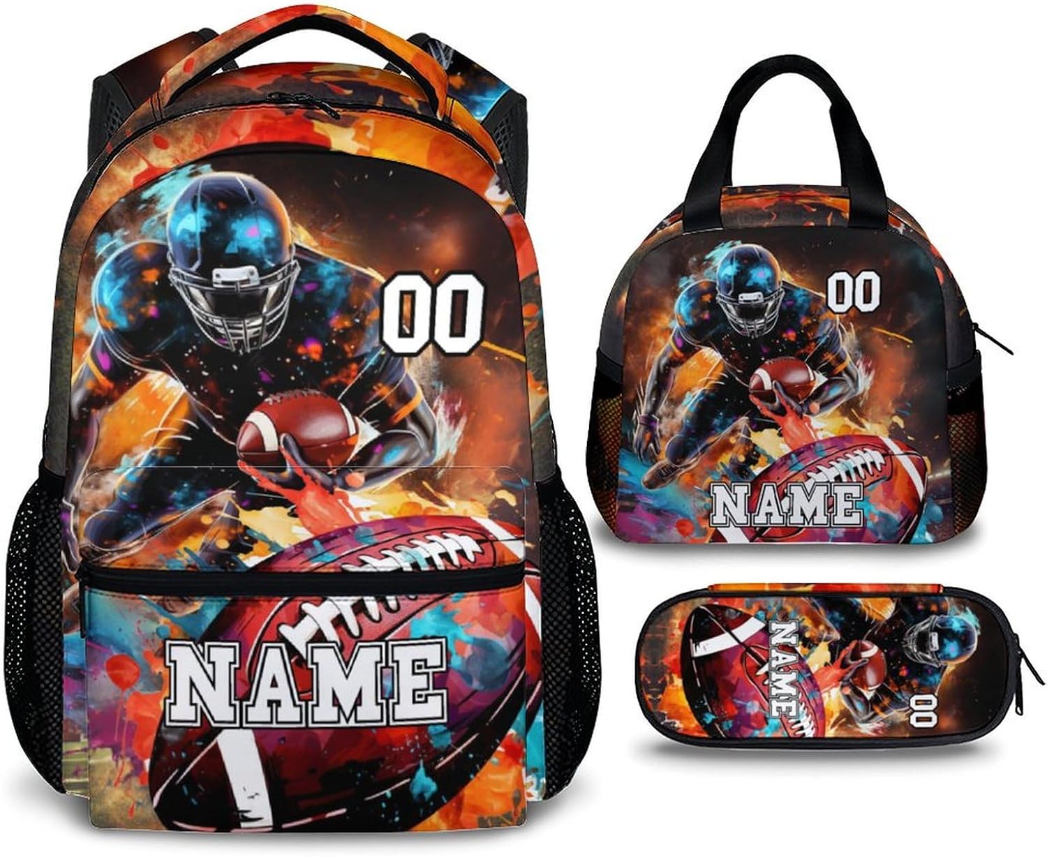 School Backpack for Kids, Custom Name American Football Backpacks Set for Boys Age 6-18, Kids Bookbag with Lunchbag Matching Combo, Football Schoolbag with Pencil Case Bundle Supplies Gift
