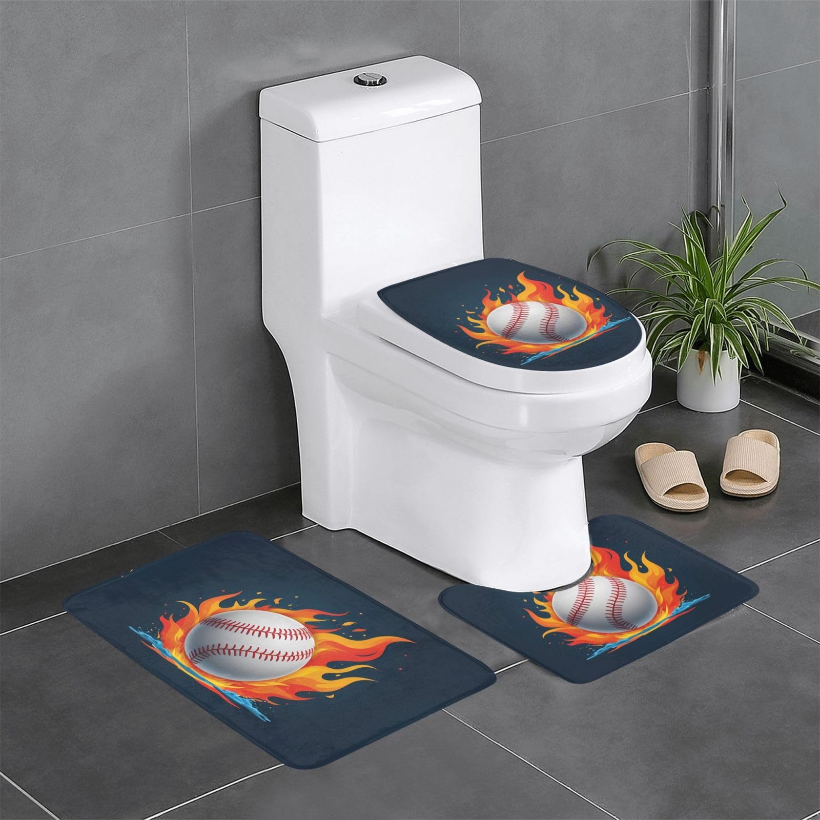 Tapis de salle de bain motif baseball ensemble de 3 pièces antidérapantes pour WC et coiffeuse