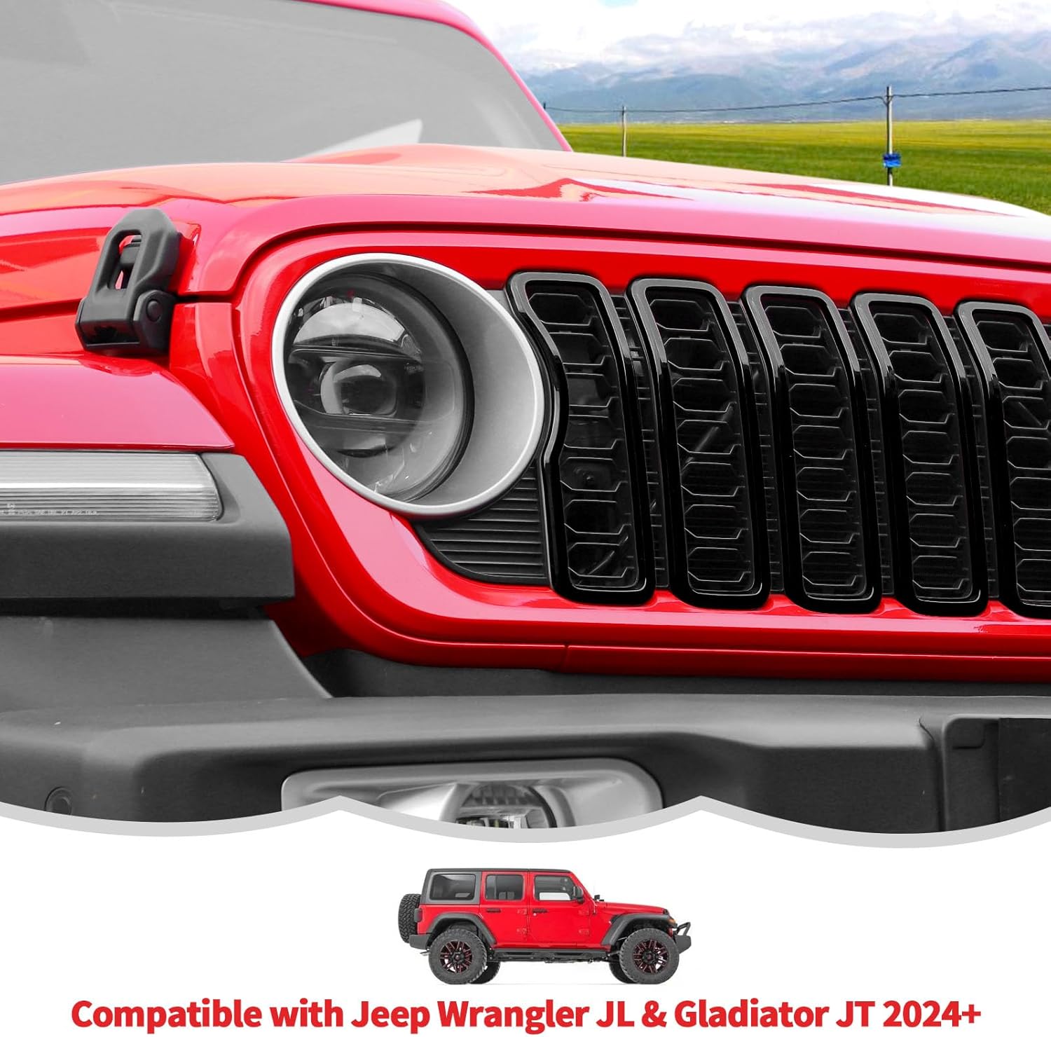 Front Grille Inserts Grill Decoration Exterior Accessories Compatible with Jeep Wrangler JL JLU & Gladiator JT 2024+,Black