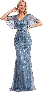 Women's Ruffles Sleeves Sequin Embroidery Evening Mother of The Bride Dress 00692
