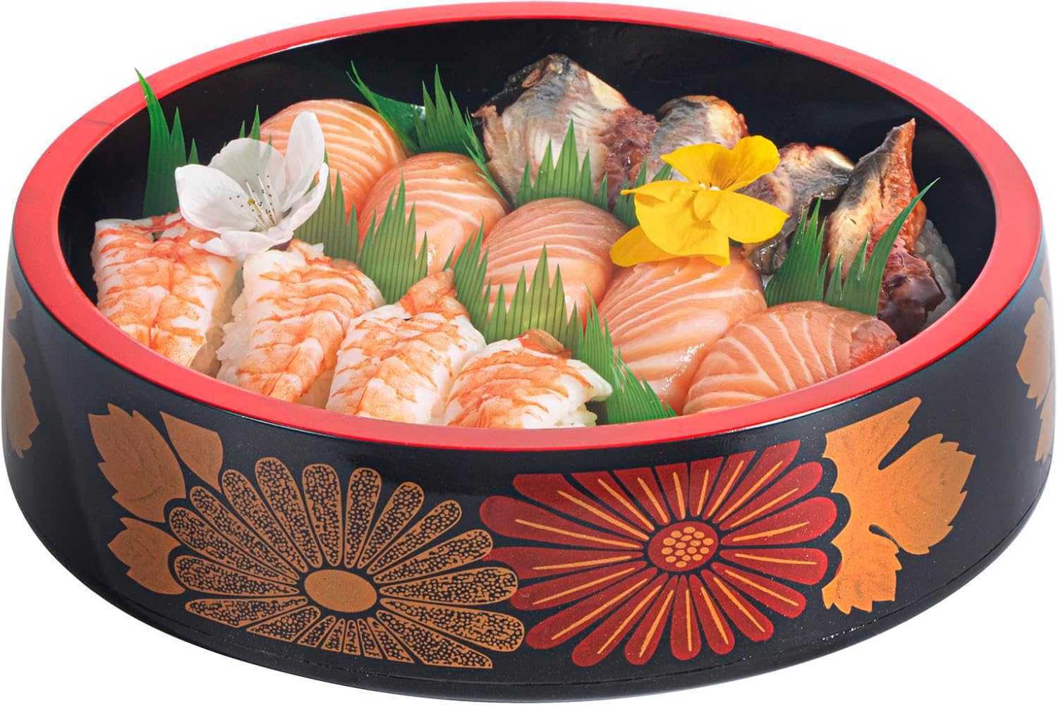 Restaurantware Japanese Serving Tray 20 Count 8 Inches Round Plastic Sushi Presentation Dish, Black Floral Sushi Tray with Red Rim Design, Cold Food Display Plate, Asian Cuisine Serving Platter