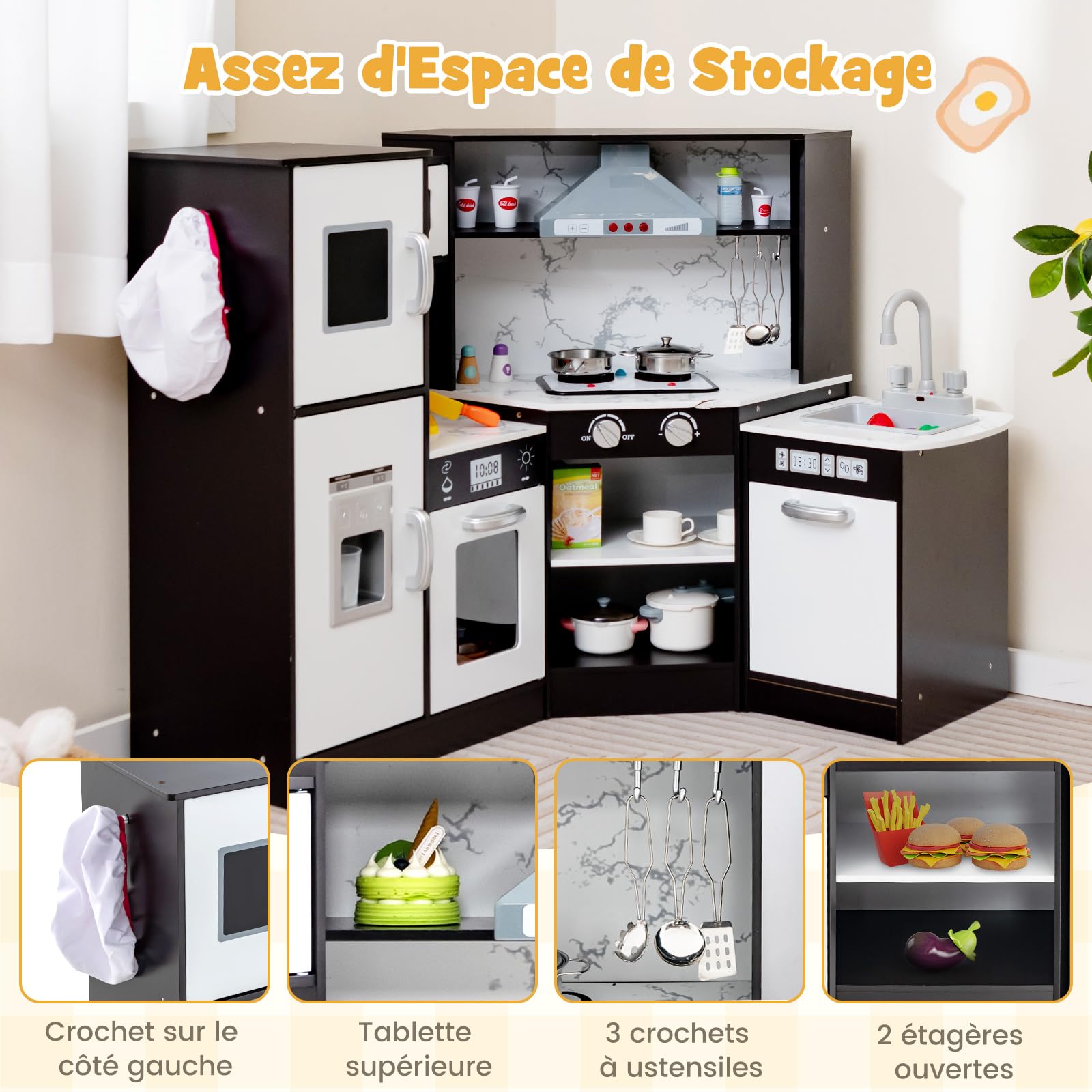 GOPLUS Cuisine en Bois Enfant, Cuisine d'angle avec Tableau Noir, Hotte, Micro-Ondes, Four, Effets Lumineux et Sonores, Accessoires Riches, Jouet d'Imitation pour Enfant 3+ Ans (Café)