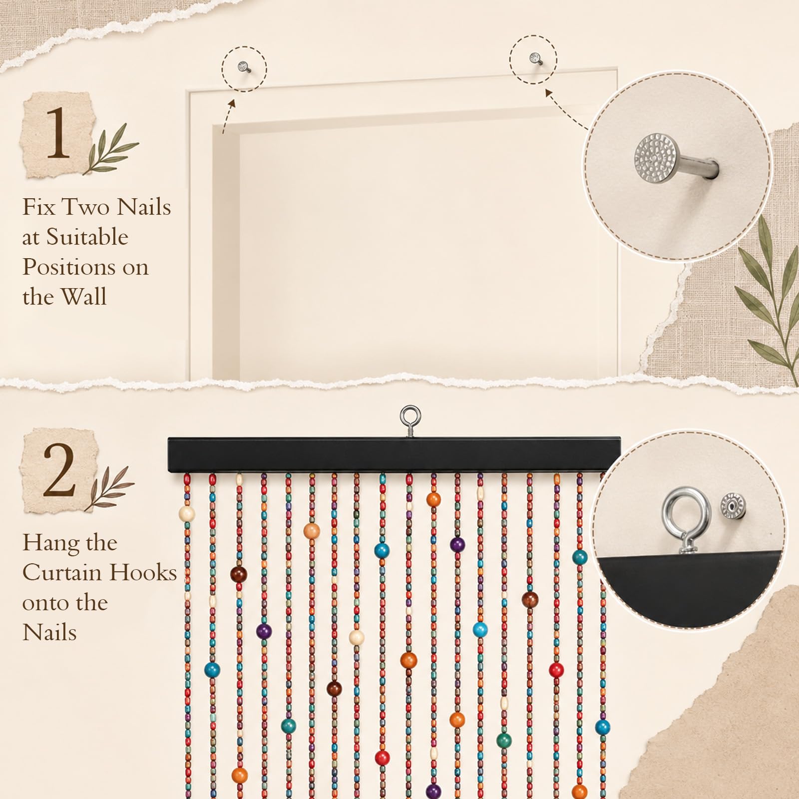 200x90cm Perlenvorhang Türvorhang Bambus mit 2 Leinenbändern, Handarbeit Natur Türvorhang Fadenvorhang als Insektenschutz Fliegenschutz für Schlafzimmer Wohnwagen Camping