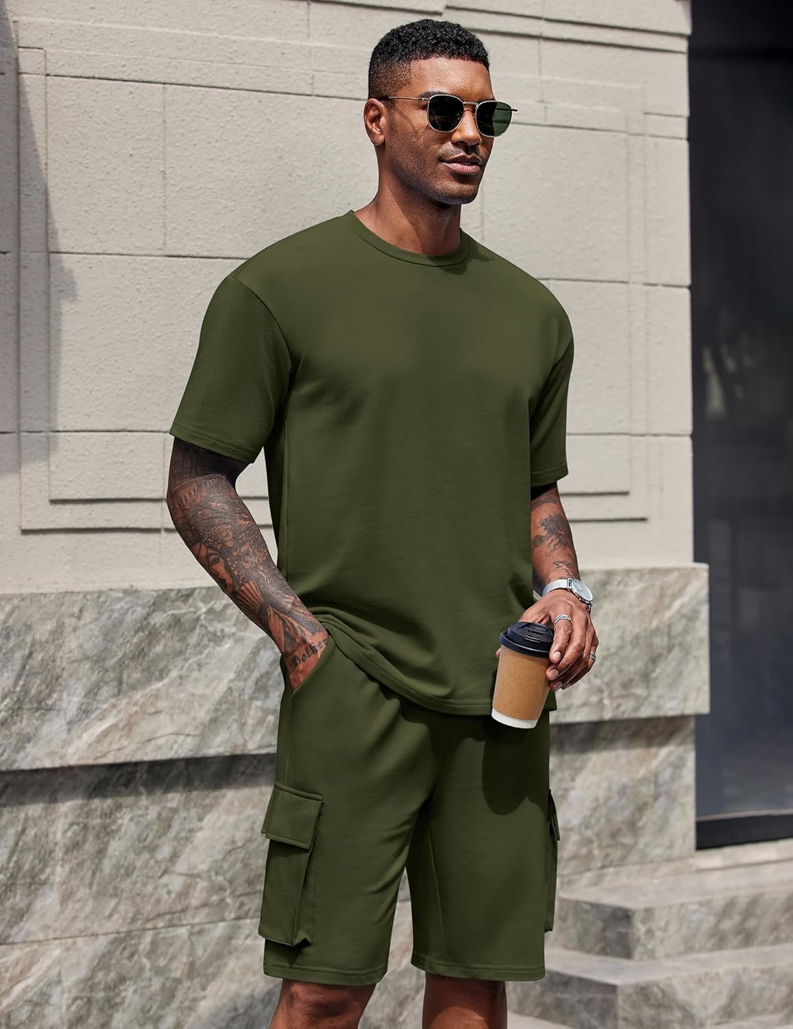 COOFANDY Men's Shirt and Shorts Set 2 Piece Fashion Summer Tracksuits Cotton Oversized T-Shirts Cargo Shorts Outfits - Image 3