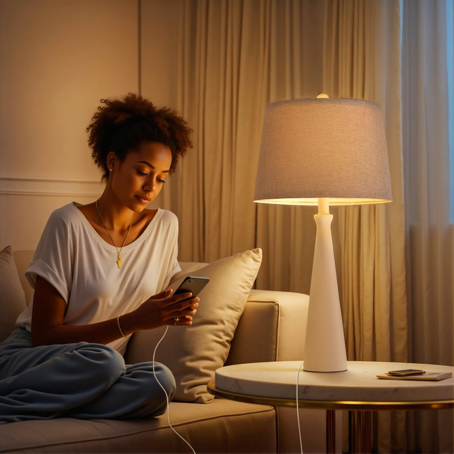 Oneach 25.75" White Table Lamp Set of 2, Modern Vintage Bedside Table Lamps with USB Ports, Traditional Nightstand Desk Lamps Set for Living Room Bedroom