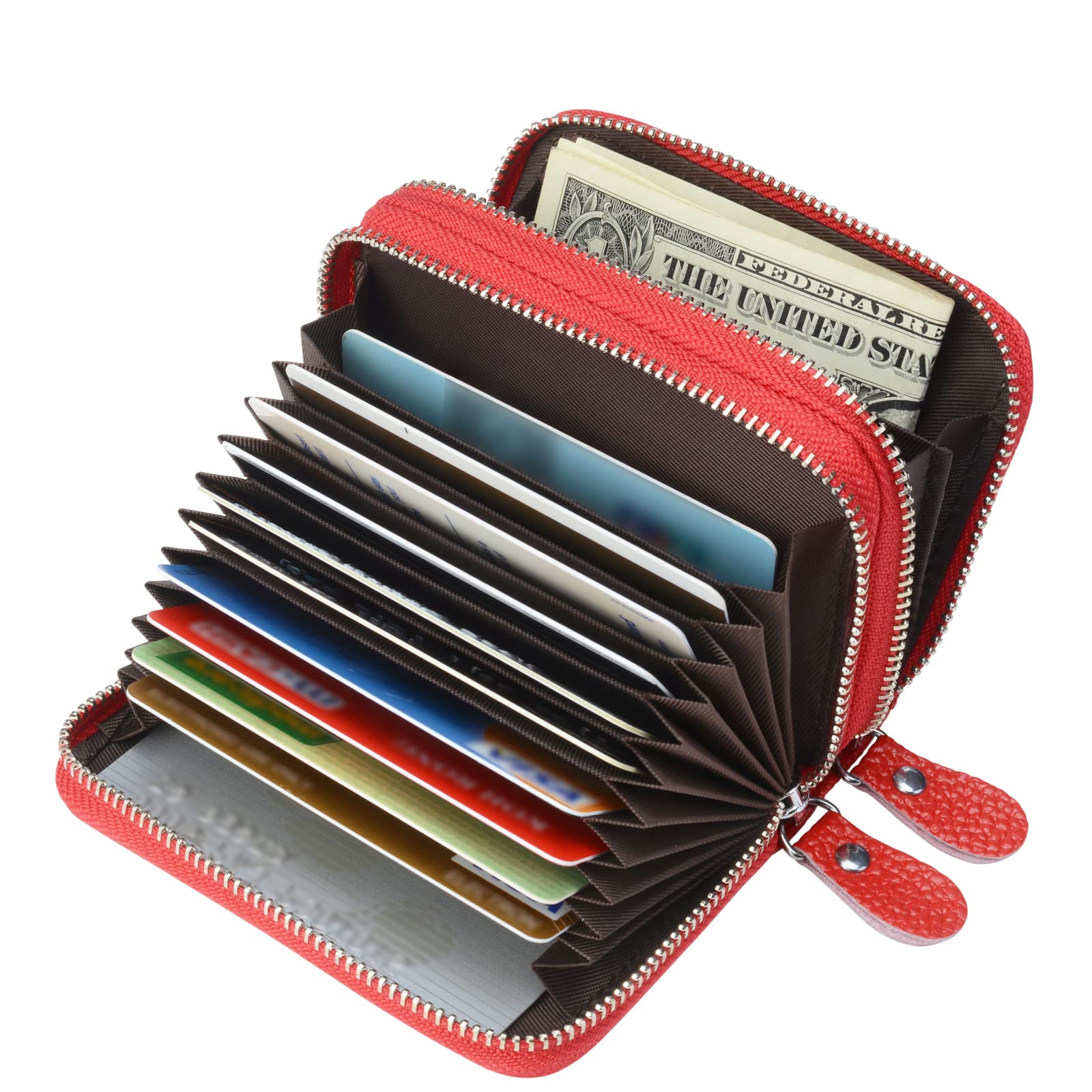 traderplus Women's RFID Blocking Leather Zipper Card Wallet Small Purse Credit Card Case Holder for Mother Day Gift (Red)