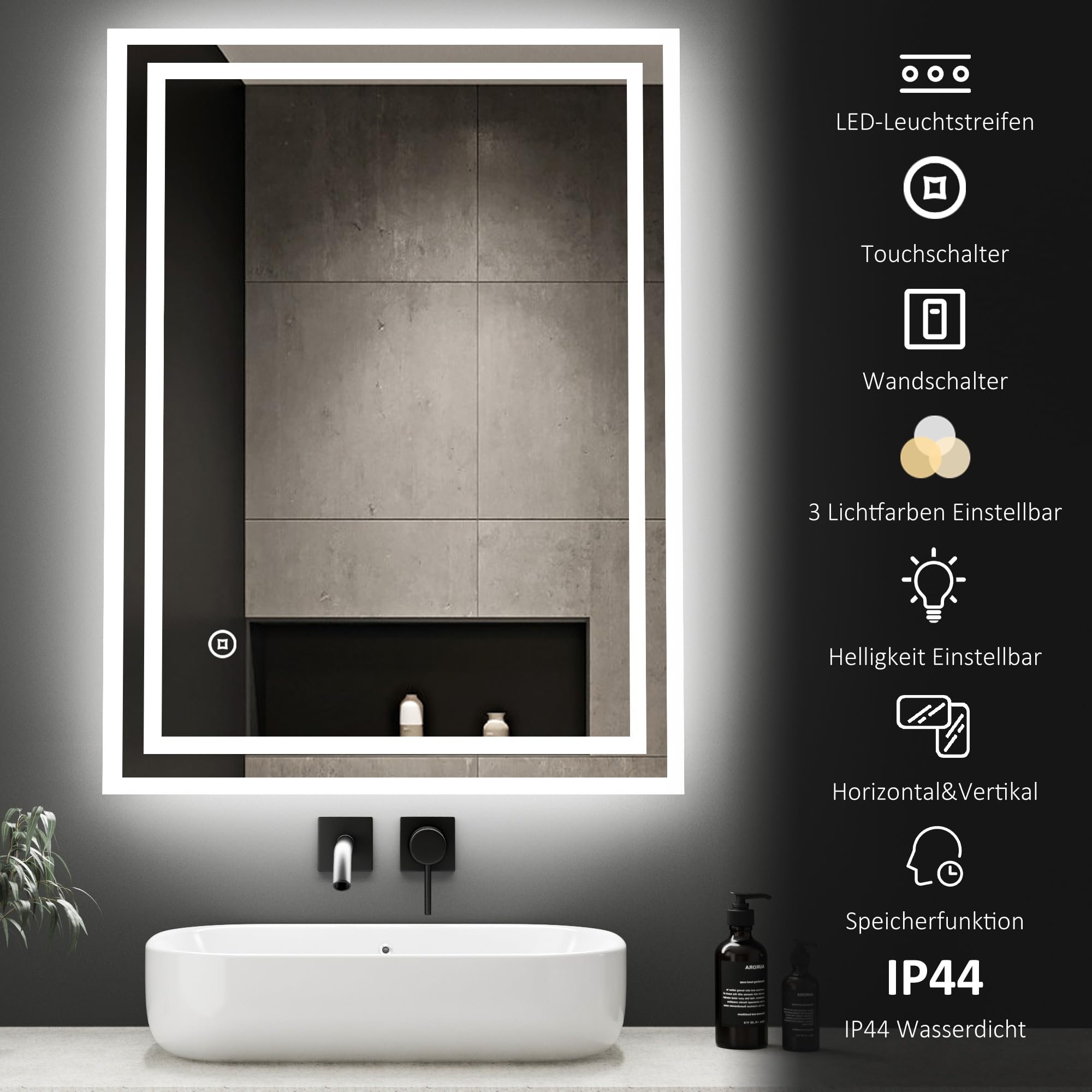 Borama LED Badspiegel 80x60cm mit Touchschalter, 3 Lichtfarben dimmbar, beleuchteter Wandspiegel