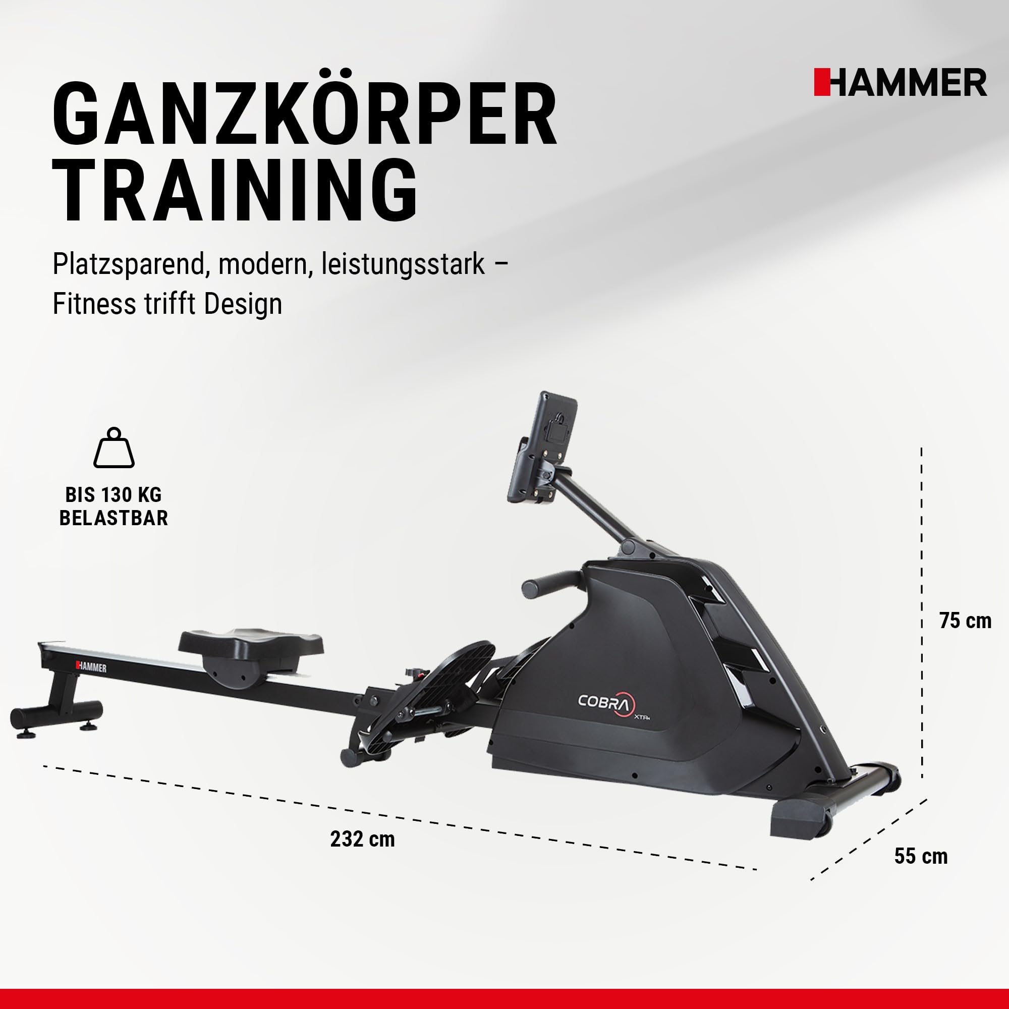 HAMMER Rudergerät Cobra XTR Plus II – Klappbare Rudermaschine mit innovativem Trainingscomputer, Rudergerät für zuhause bis 130kg, 20 Trainingsprogramme mit 4 Herzfrequenz-Programme