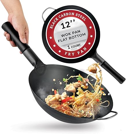 Restaurantware-Motomori 12 Inch Pre-Seasoned Carbon Steel Wok, 1 Traditional Japanese Wok - Flat Bottom, Wooden Handle, Black Carbon Steel Traditional Stir Fry Pan, With Helper Handle