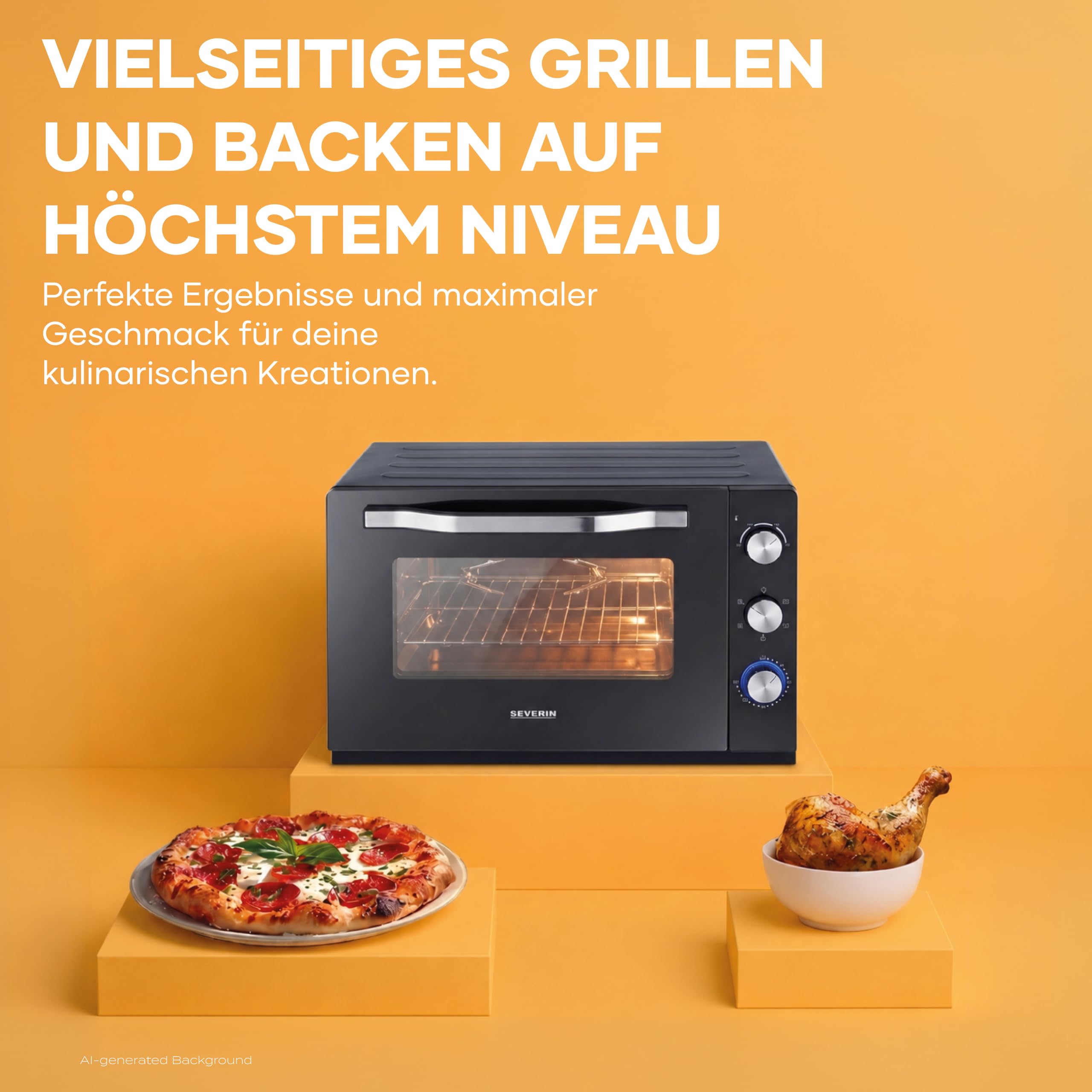 SEVERIN XXL Back- und Toastofen mit Umluftfunktion, inklusive Grillrost, Backblech, Drehspieß und Pizzastein, vielseitiger Heißluftofen mit 60 L Kapazität, 2.200 W, schwarz, TO 2073