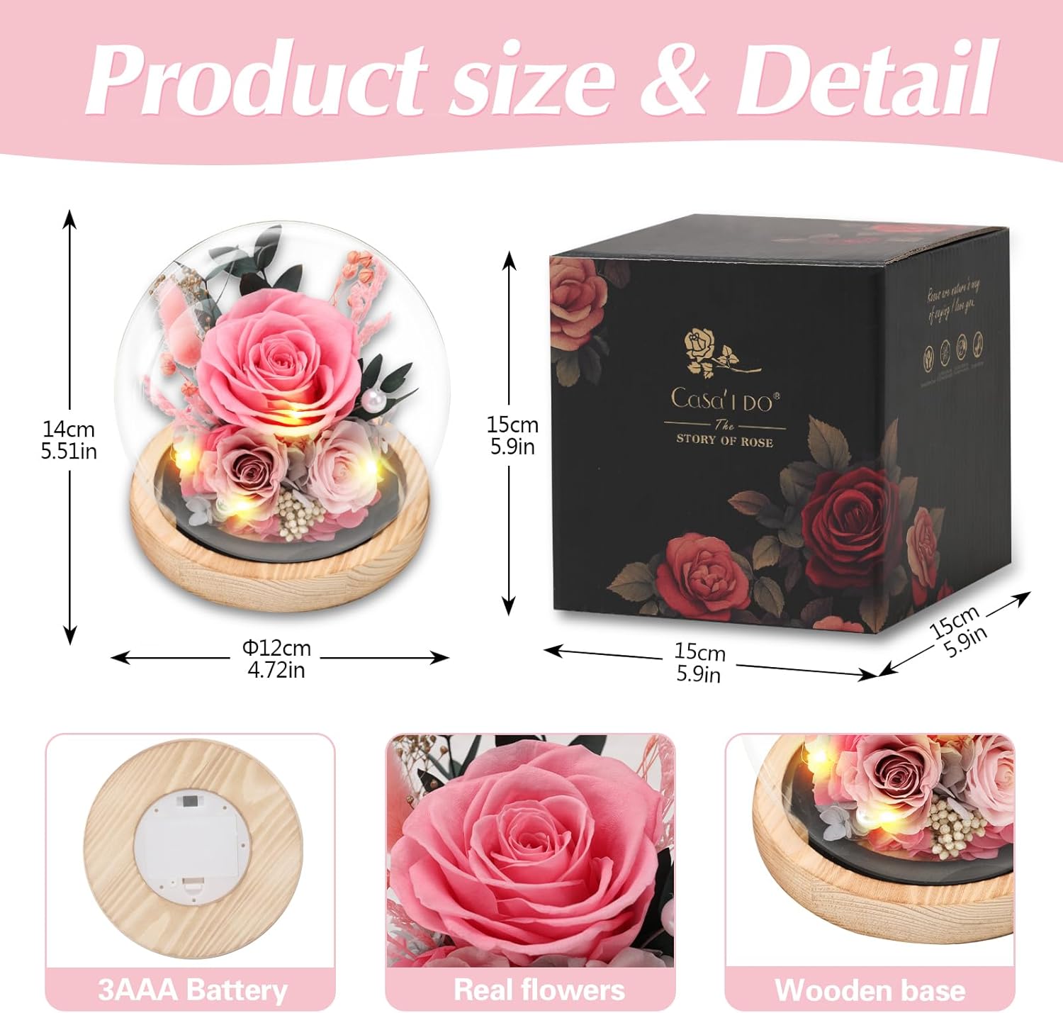 Preserved Roses Flowers for Delivery, Vanlentines Day Gifts for Her, Pink Forever Flores in Glass Dome for Women Mom Wife Girlfriend, Anniversary Birthday Rose Gift for Mothers Day Christmas - Image 6