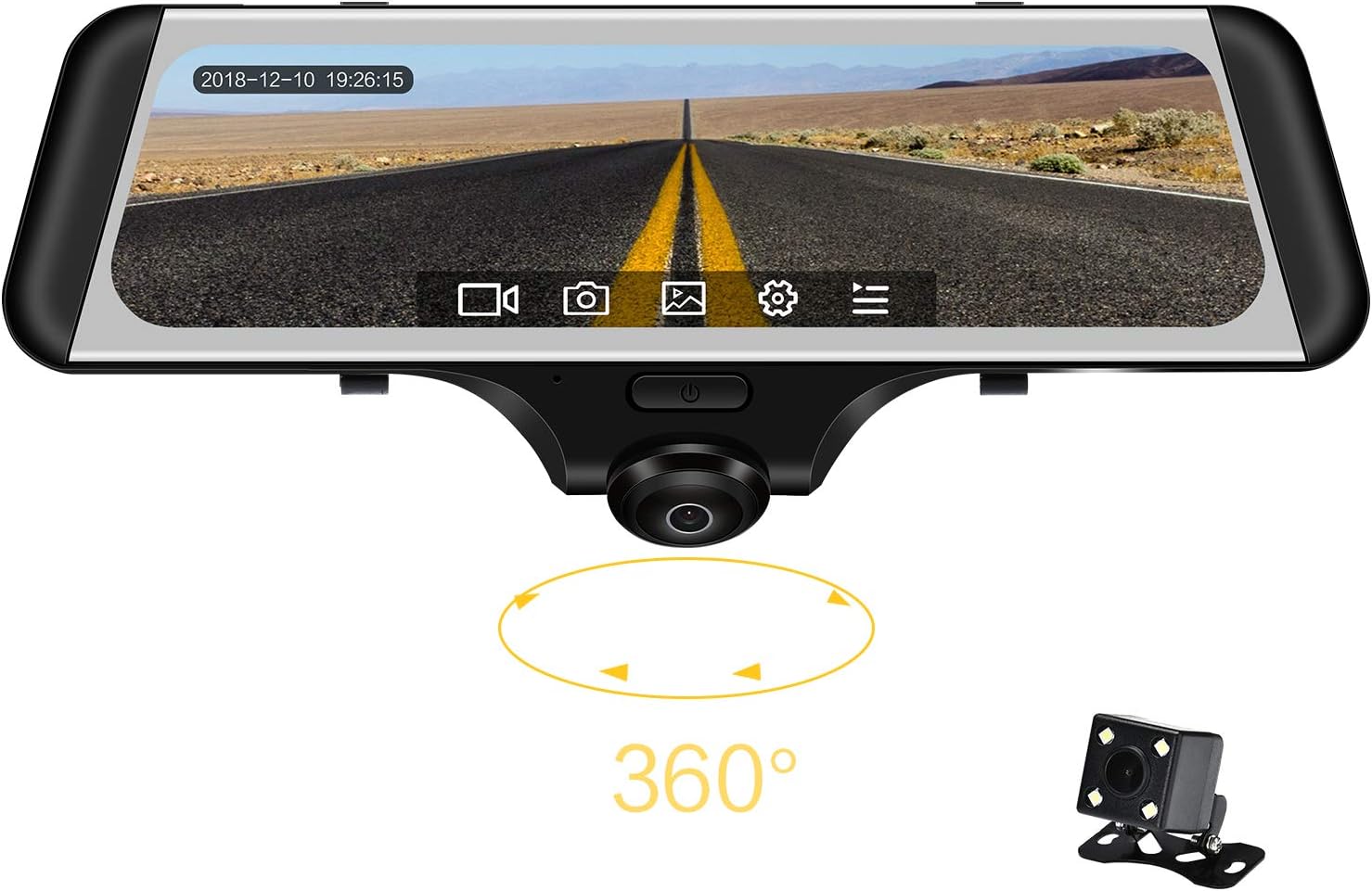 9.88" 360 Degree Panoramic Car DVR Camera Full View HD 1080P Recorder Streaming Media Media Camcorder Mirror Dash Cam Night Vision Fisheye len Front and Rear Camera