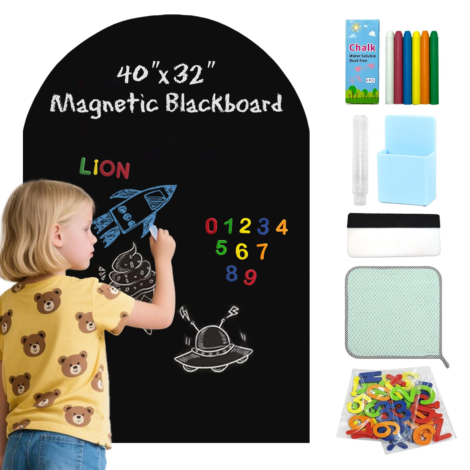 Tableau Magnétique Mural, 80x100cm Tableau Noir Adhésif Enfant Sticker Mural Magnétique Arche Film Tableau Ardoise Autocollant Effaçable Tableau Dessin Mur pour Chambre Salle de Classe avec Craies