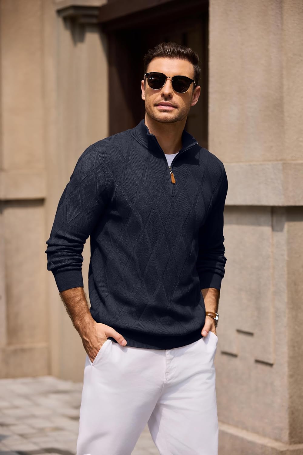 COOFANDY Men's Quarter Zip Pullover Sweater Stretch Knit Checked Sweater