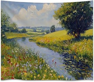 Rustic Countryside Morning Art Print Tapestry Vintage Aesthetic Tranquil Stream Painting Tapestries Boho Floral Nature Wall Hanging for Home Living Room Gallery Wall Decor white30x40inch