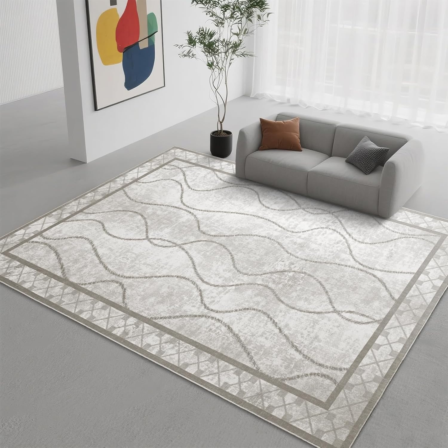 DweIke 4x6 Area Rugs for Living Room, Machine Washable Bordered Rug for Bedroom, Luxury Rubber Backing (Non-Slip) Low Pile Throw Carpet for Dining Room Kitchen Home Decor, Beige