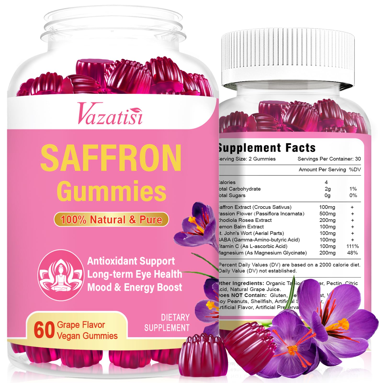 Natural Saffron Gummies - Sugar Free Saffron Supplement with Saffron Extract 100 mg, Magnesium, GABA, Rhodiola - Mood | Focus | Vision | Energy Support - NonGMO Vegan - 120 Gummies, 2 Month Supply