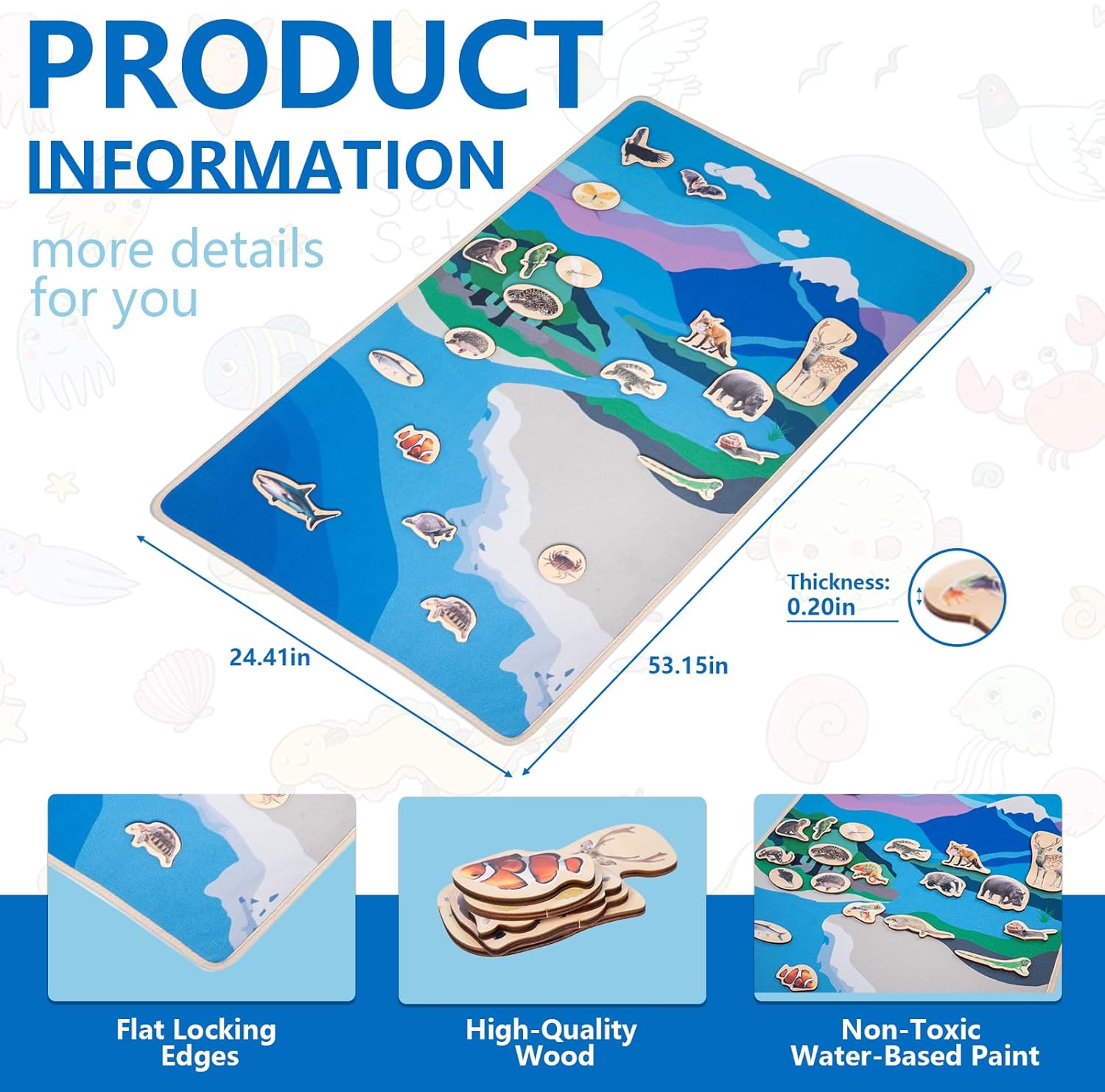 Montessori Land and Water Map with 25 Wooden Animals - Learning Geography and Zoology Mat Educational Toys,Interactive Learning Tool,World Map for Kids,Montessori Map for Kids 4-8 Years