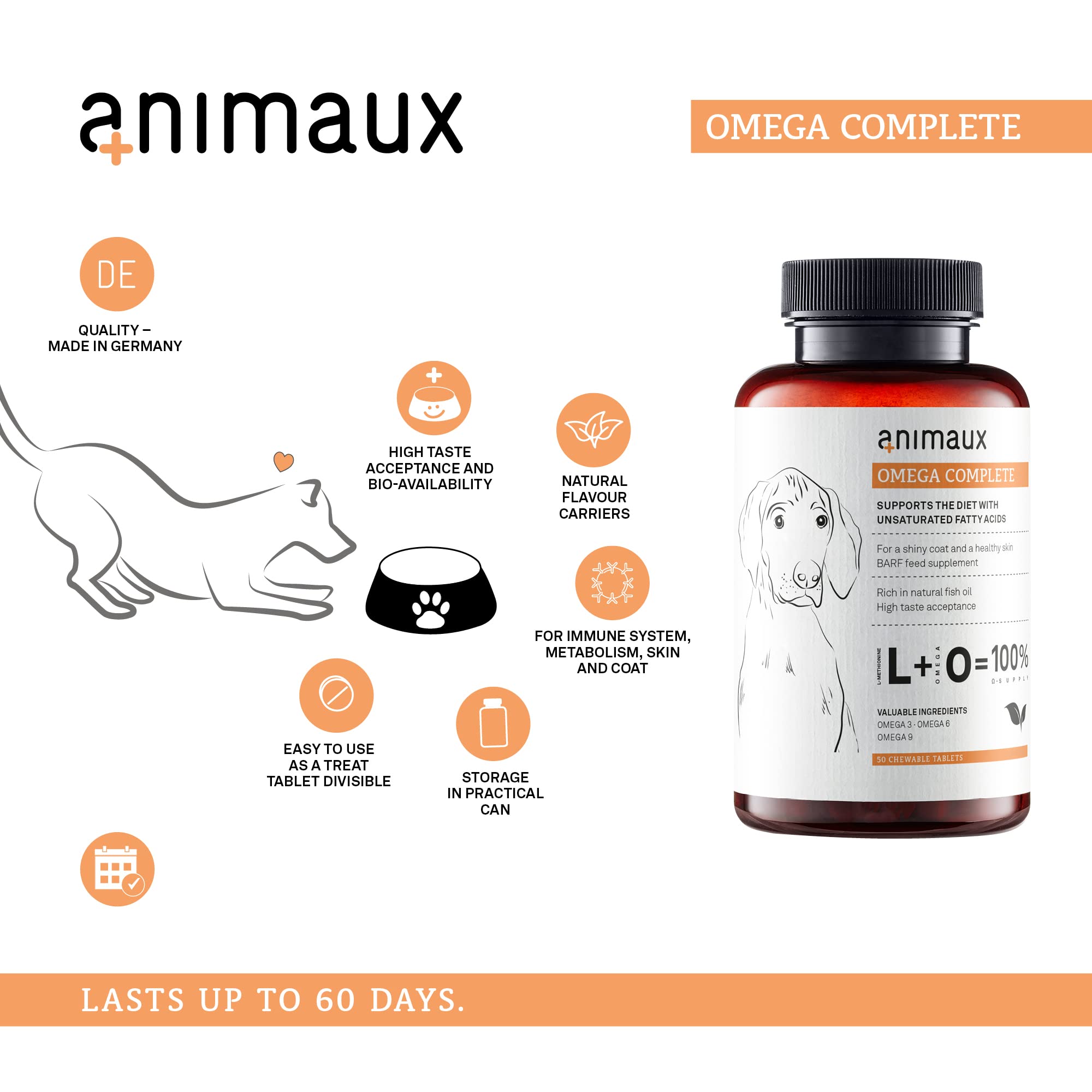 Omega 3, 6 y 9 para perros - 50 comprimidos masticables - Aceite de pescado natural con ácidos grasos para el metabolismo, la formación de huesos, la piel y el pelaje - animales Omega Complete Dogs
