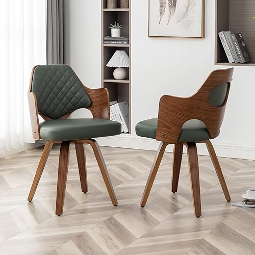 Miniatura 3 de AQG Juego de 2 sillas de comedor modernas de mediados de siglo, de piel sintética, giratorias, de madera, de poliuretano verde