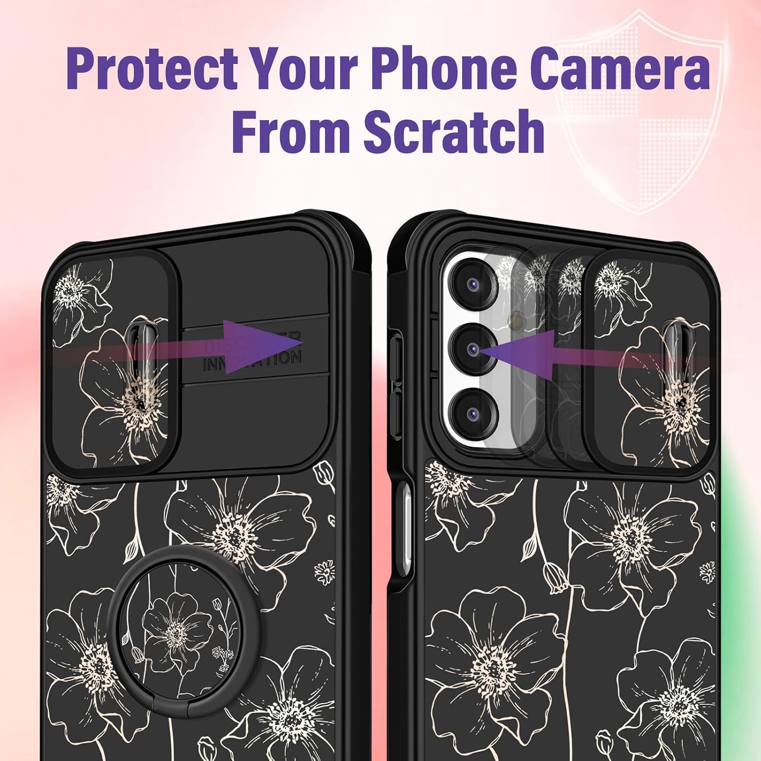 Funermei for Samsung Galaxy A14 5G Case with Ring Stand, Gold Flower image 4
