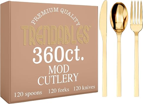 Mod Gold Plastic Silverware Set Gold Silverware Disposable Forks and Spoons Disposable 360 Pack Plastic Utensils Set Includes 3 x 120 Each Knives & Spoons & Forks for Parties and Events by Trendables