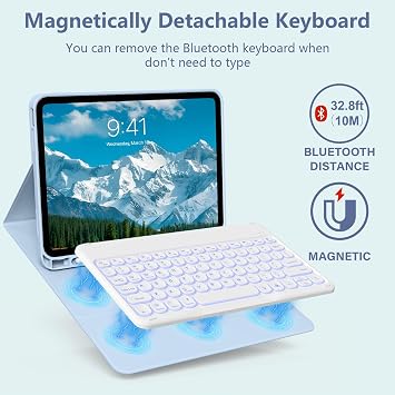 JKSML for iPad 11/10th Generation Case with Keyboard 11-inch A16 (Blue) | 10.9 Inch, 7 Color Backlit 2025/2022 Wireless Detachable Bluetooth Round Key Keyboard Cover with Pencil Holder