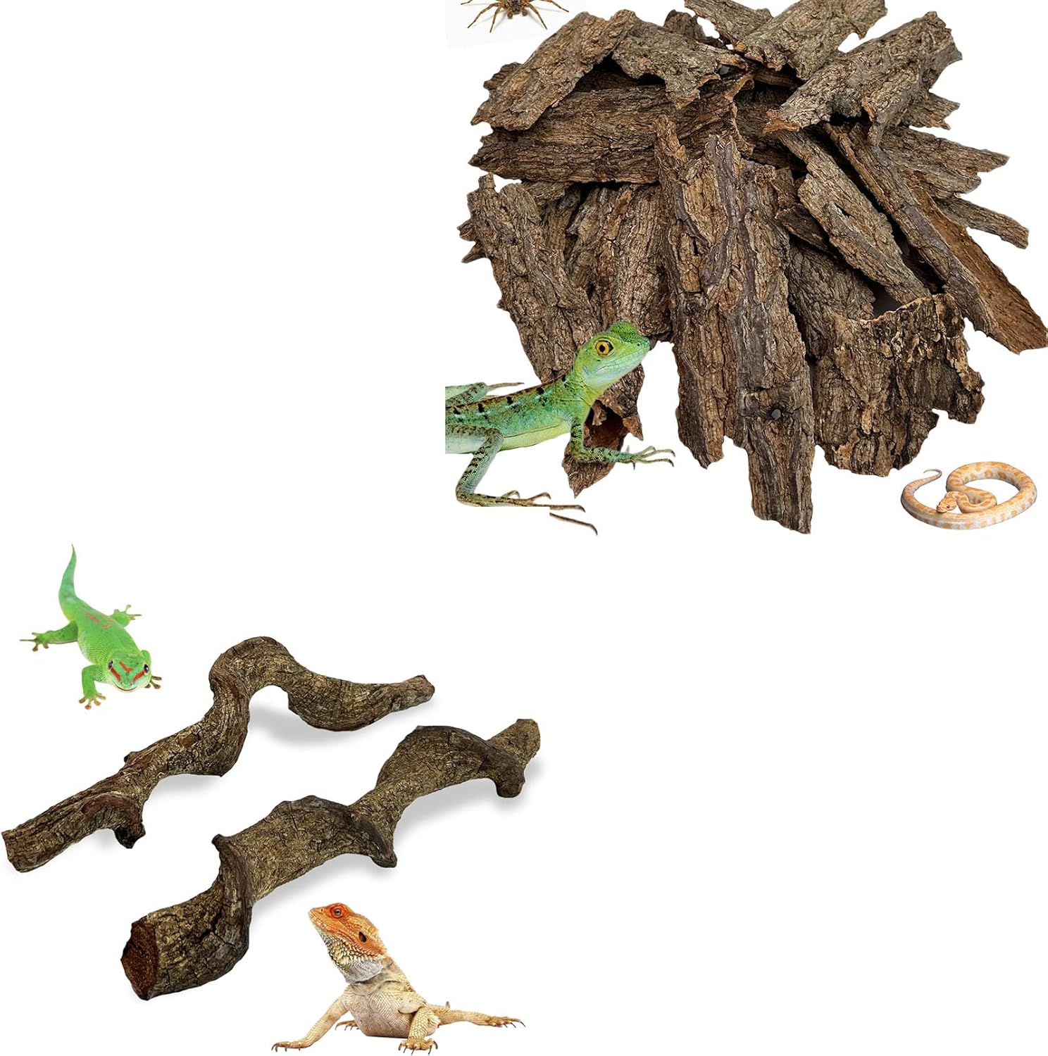 Reptile Cork Bark with Reptile Climbing Decor Thick Wood Branches Snake Habitat Decorations Terrarium Wooden Tree Trunk Ornament