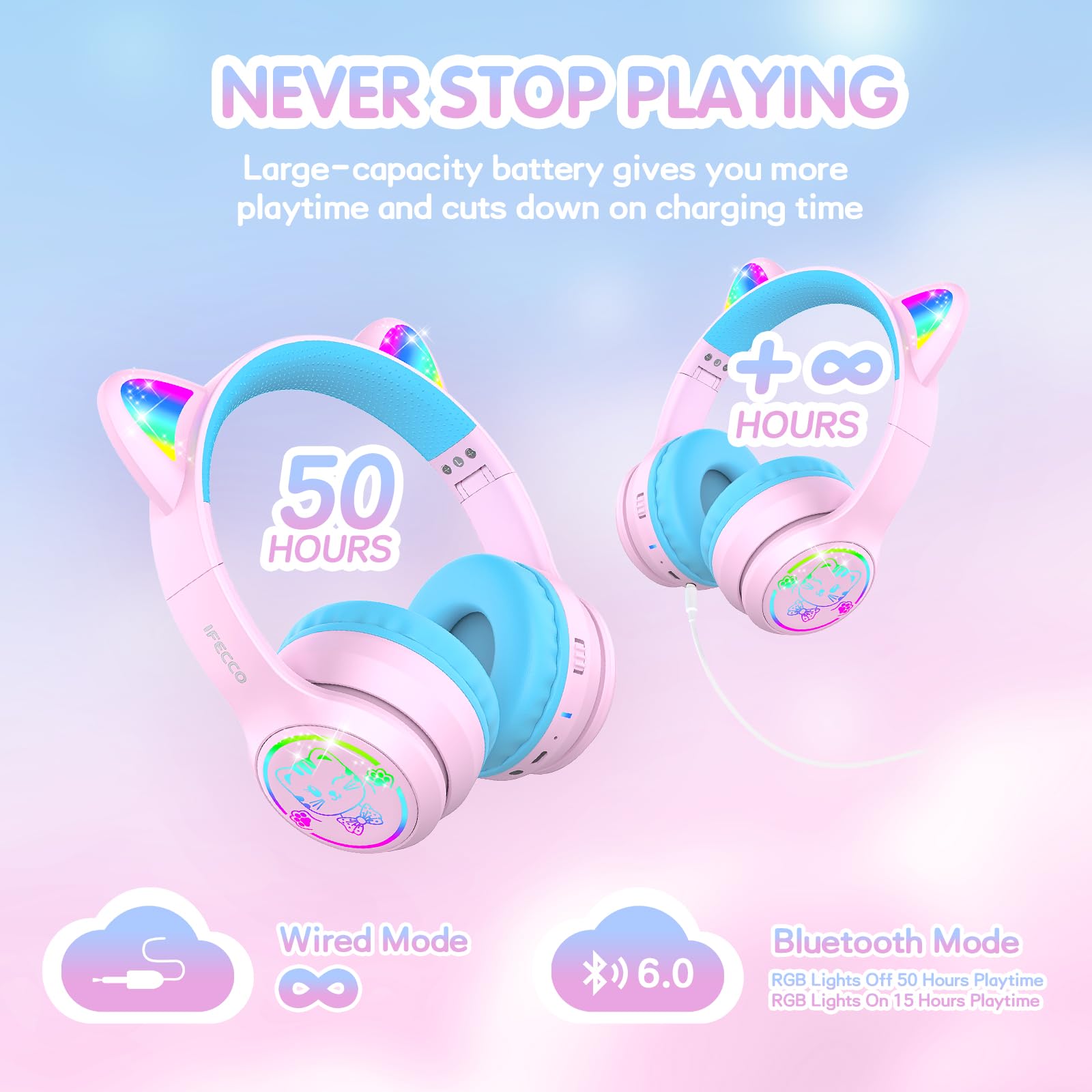 IFECCO Cuffie Bluetooth per bambini senza fili con custodia – Cuffie over-ear con luci LED, orecchie da gatto, limitazione del volume a 85 dBA, microfono integrato, compatibili con iPad/tablet/scuola