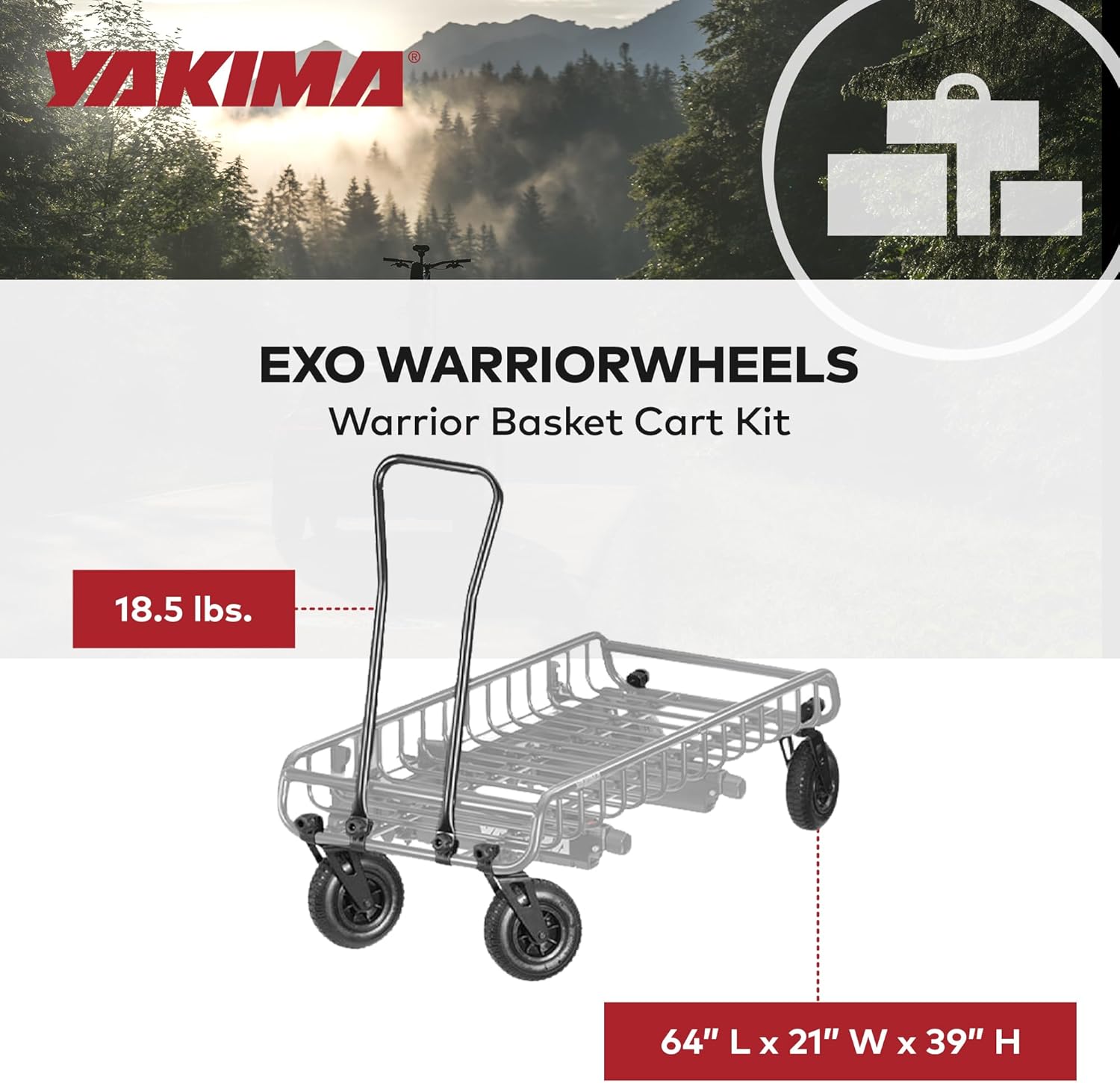 Yakima EXO WarriorWheels Sturdy Heavy Duty Cargo Basket Cart Kit Connects to the EXO GearWarrior Roll up to 110 Pounds with Easy to Grab Handle, Black