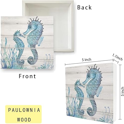 Miniatura 4 de Knibeo Letrero de caja de decoración de caballito de mar, decoración de baño de océano, letrero de caja de madera de océano de acuarela de 5 x 5