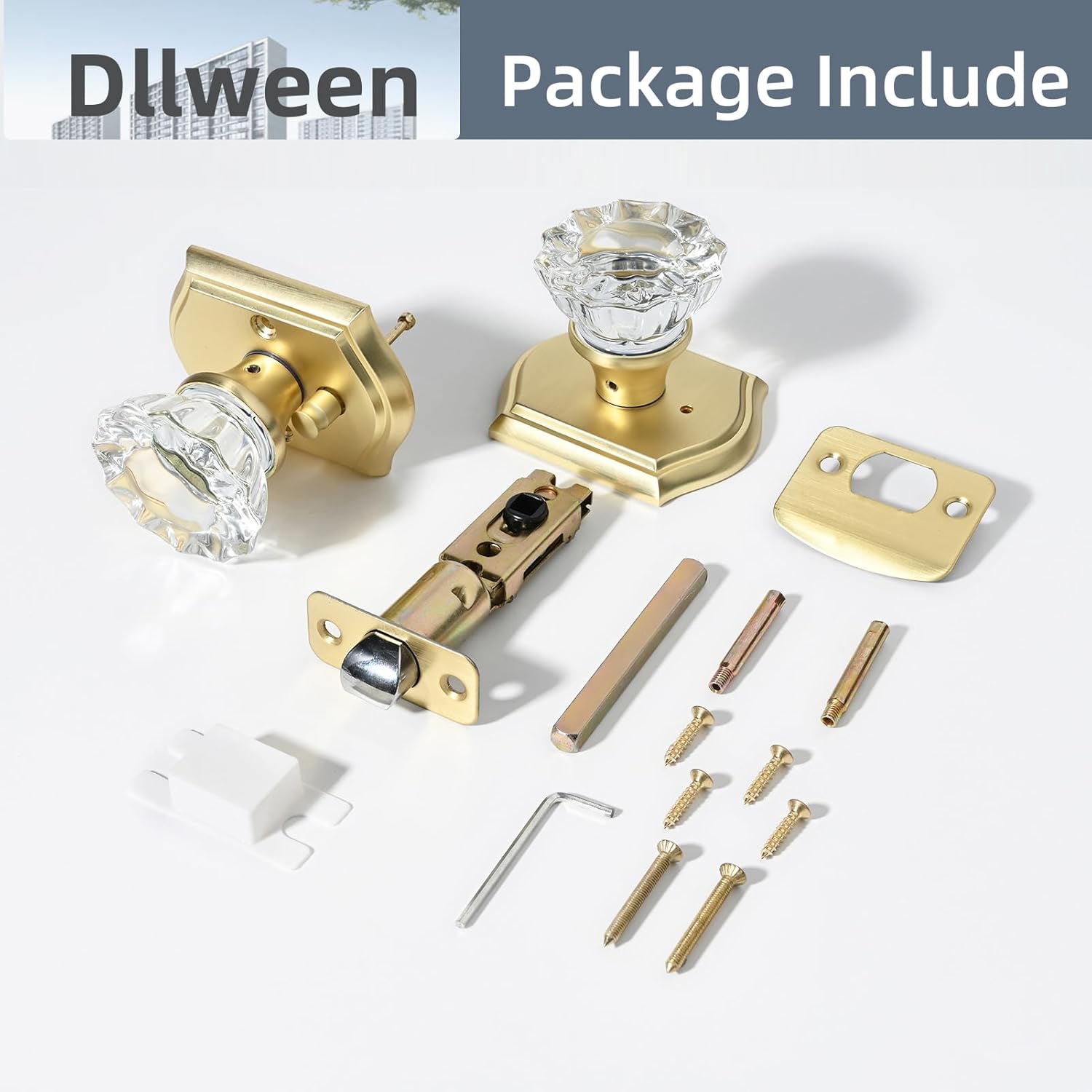 Glass Door Knob, Gold Crystal Door Knob Interior with Lock, Satin Brass Privacy Door Knob for Bedroom Bathroom, Brushed Gold