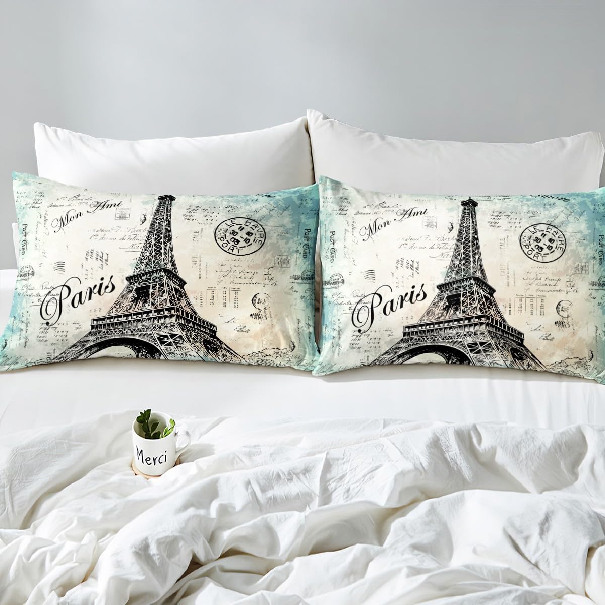 Eiffel Tower Duvet Cover Girls Women Chic Retro Paris Theme Bedding Set Kids Teens Vintage Paris Cityscape Comforter Cover Bedroom Decor French Teal Bedspread Cover Twin Size With 1 Pillow Case