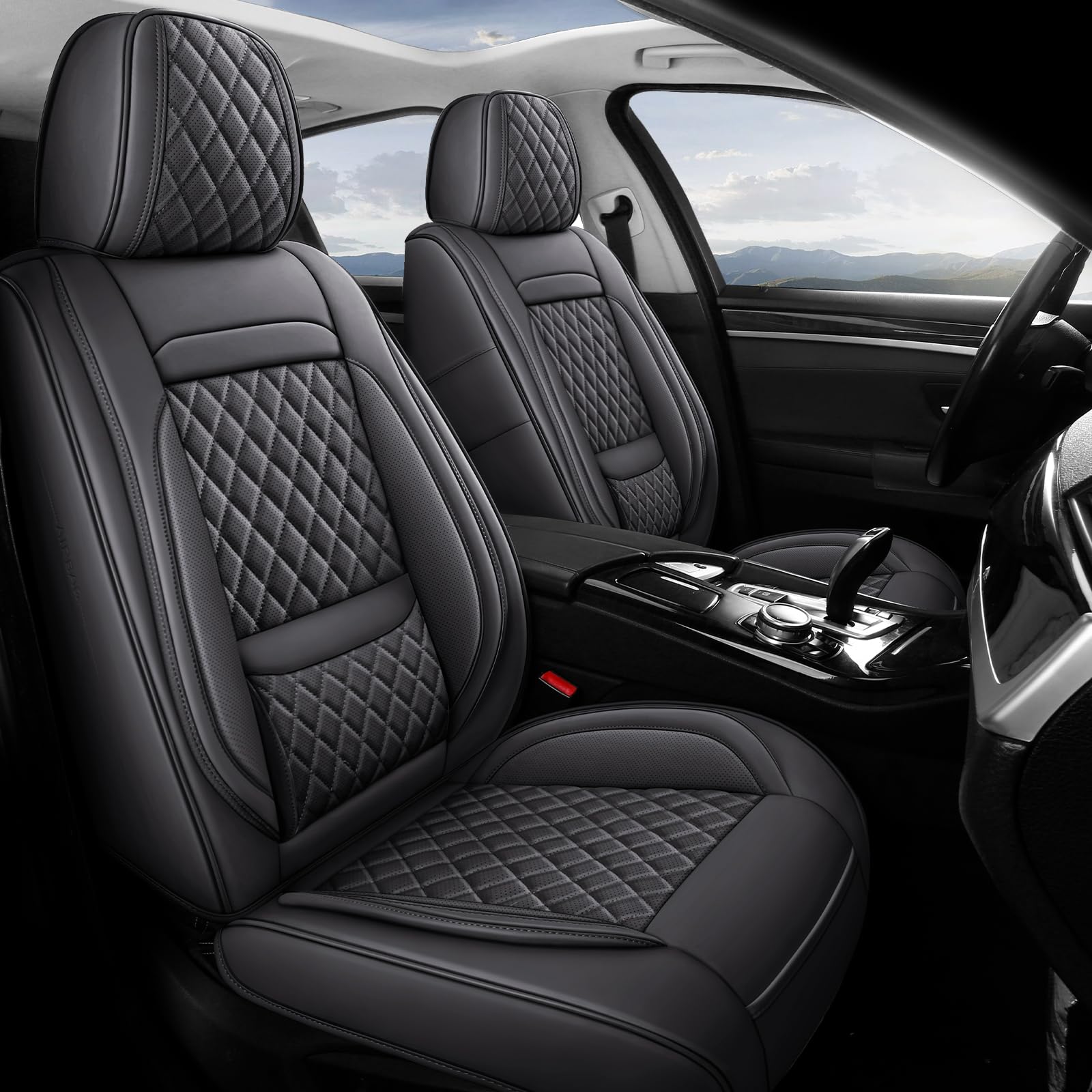 BABYBLUCar Seat Covers Full Set,Universal Seat Covers for Cars,Waterproof Leather Automotive Vehicle Cushion Cover, Fit for Most Cars SUV Pick-up Truck,Beige,Black