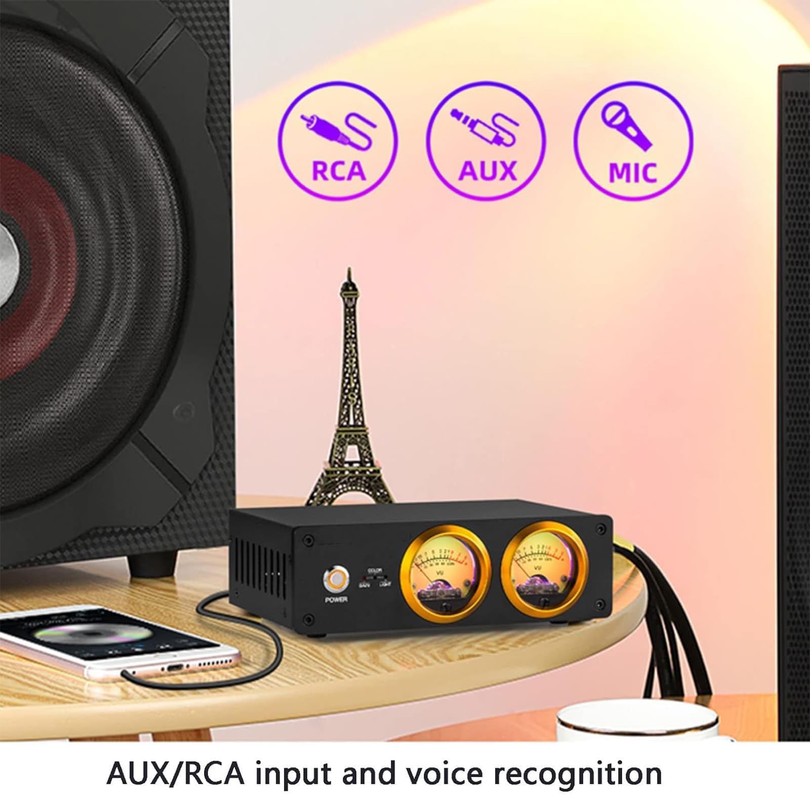 Lysdianpu Podwójny analogowy miernik Vu, wskaźnik poziomu dźwięku, przełącznik audio, z wejściem audio stereo RCA/3,5 mm Aux i przetwornikiem mikrofonowym, wiele kolorów / jasności/wzmocnienia
