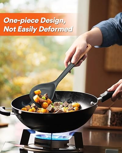 Miniatura 3 de Espátula de silicona para wok, espátula ancha de silicona con agujero para colgar, utensilios de wok de mango largo, 13.2 pulgadas, color gris