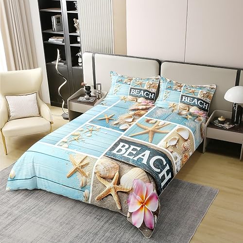 Miniatura 2 de Erosebridal - Juego de ropa de cama 100% algodón, con diseño de estrellas de mar, conchas marinas, funda de edredón rosa, juego de cama con flores