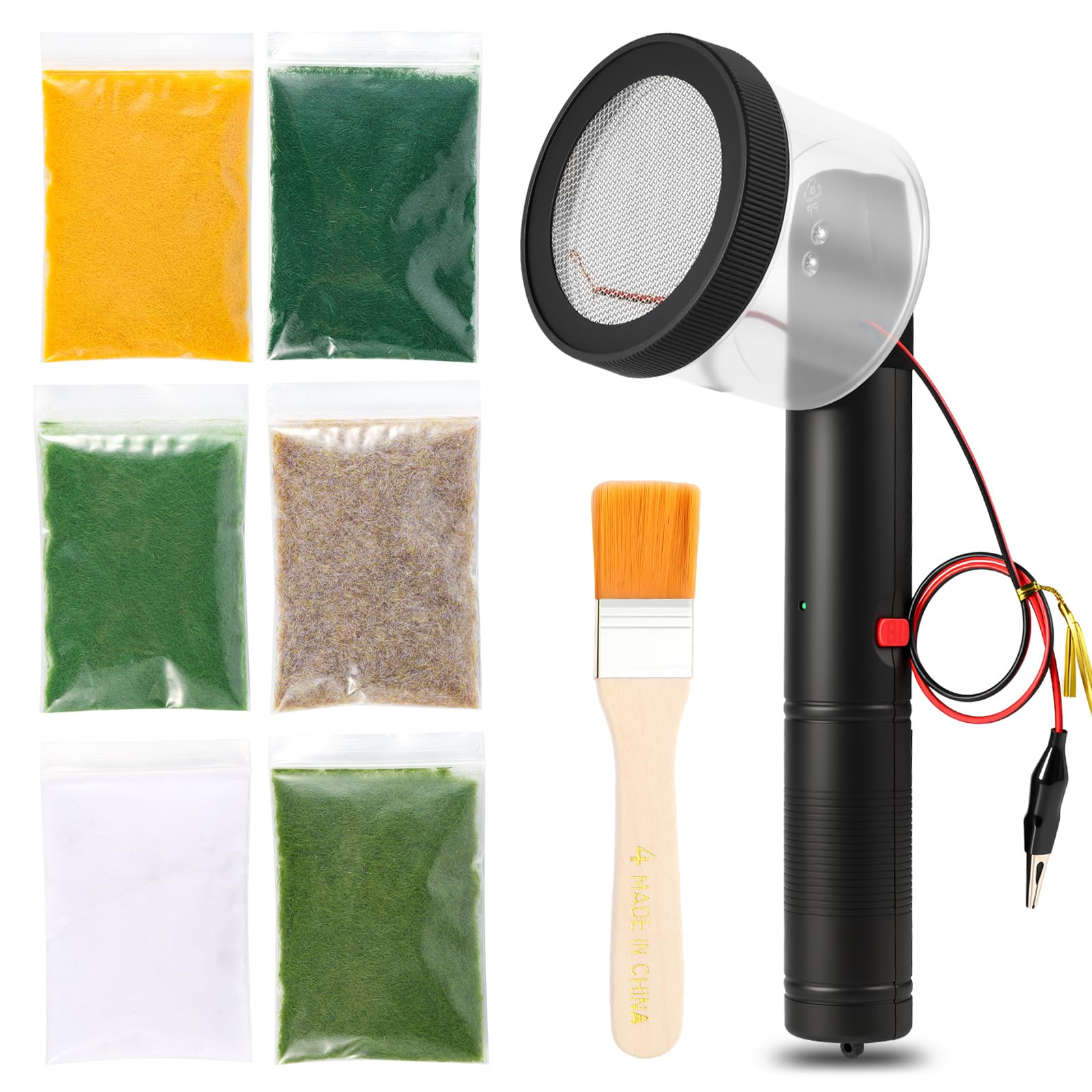 Mini aplicador estático de césped Flocado Kit – 3 – 5 mm, cuatro colores 6 césped ABS aplicador con mango antideslizante para bricolaje modelo, mesa de arena, diorama de tren, manualidades