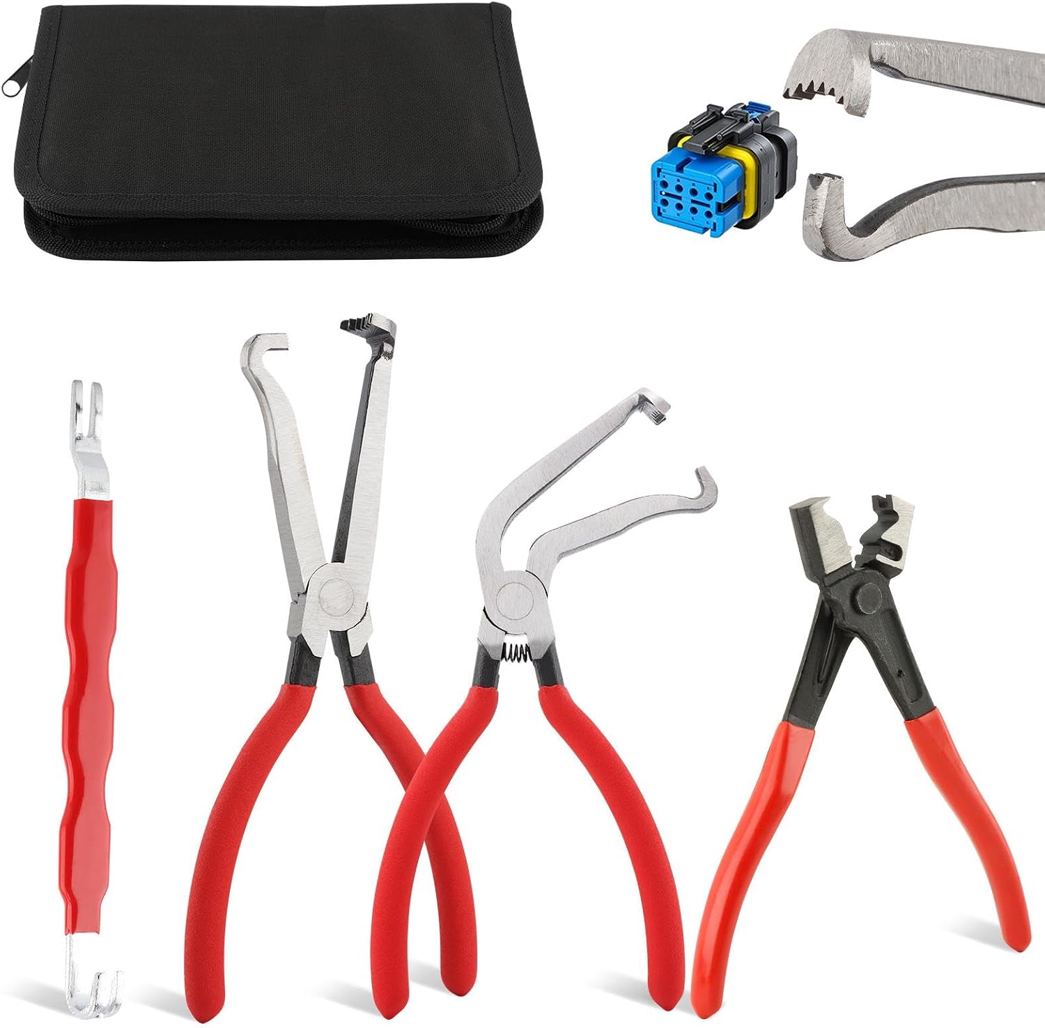 4pcs Electrical Disconnect Pliers for Cars, Straight & 60 Degree Separator Pliers, Plug Disconnect Tool Connector Separator and Hose Clamp Plier with Storage Bag, for Car Repair Vehicle Wiring Systems