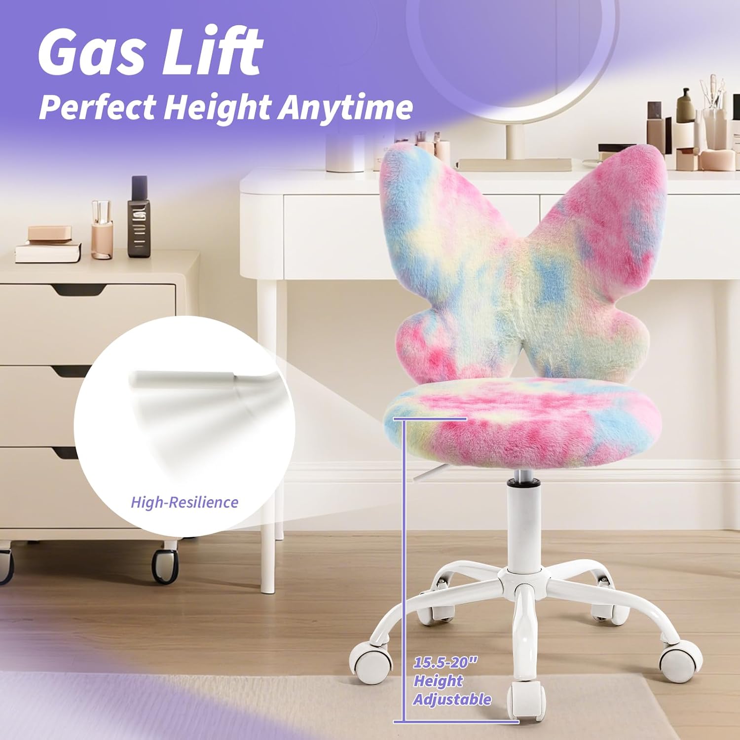 Kids Desk Chair with Adjustable Height,Butterfly Study Fluffly Chair with Comfortable Swivel Function for Reading,Vanity ＆ Playing (Pink)