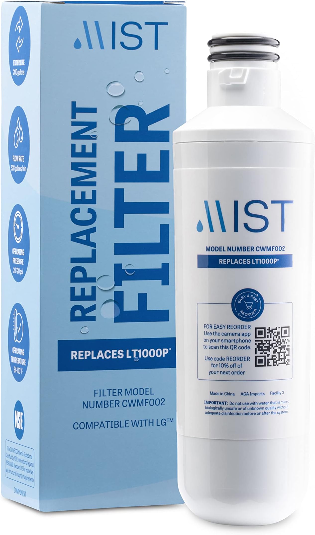 Mist ADQ74793501 Refrigerator Water Filter Replacement for LG LT1000P, WD-LT1000P, Kenmore 46-9980, Fridge LMXS28626D – NSF 42 Certified – 1 Pack