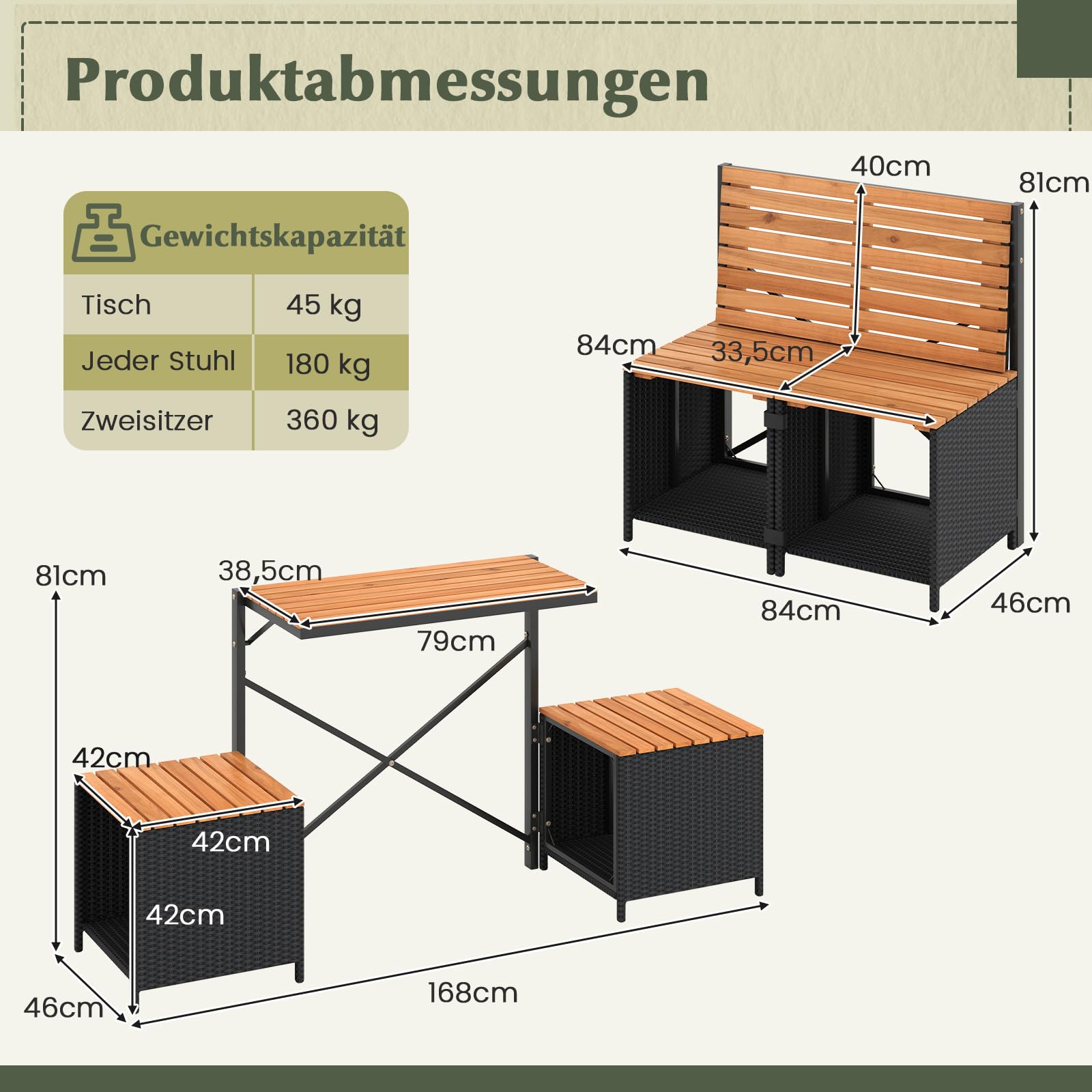 COSTWAY 2 in 1 Gartenbank, wandelbarer Picknicktisch & Sitzbank (Schwarz) | Balkonset, Balkonmöbel Kleiner Balkon, Sitzgruppe, Sitzgarnitur für Garten, Terrasse