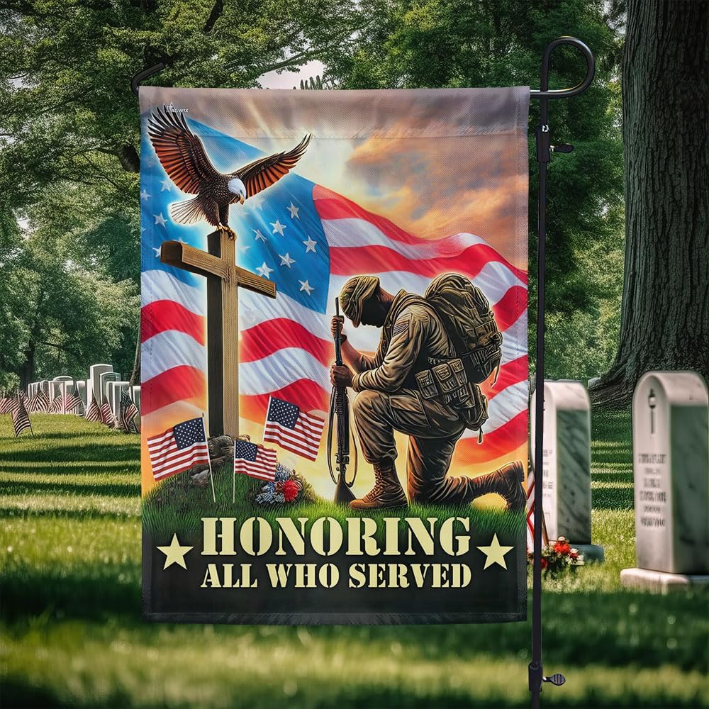 American Flag-Veterans Day Honoring All Who Served Kneeling Soldier Veteran American Flag MLN4043F, Garden Flag (11.5" x 17.5")-USA Flags Premium Polyester-Decorative Indoor Outdoor Flag