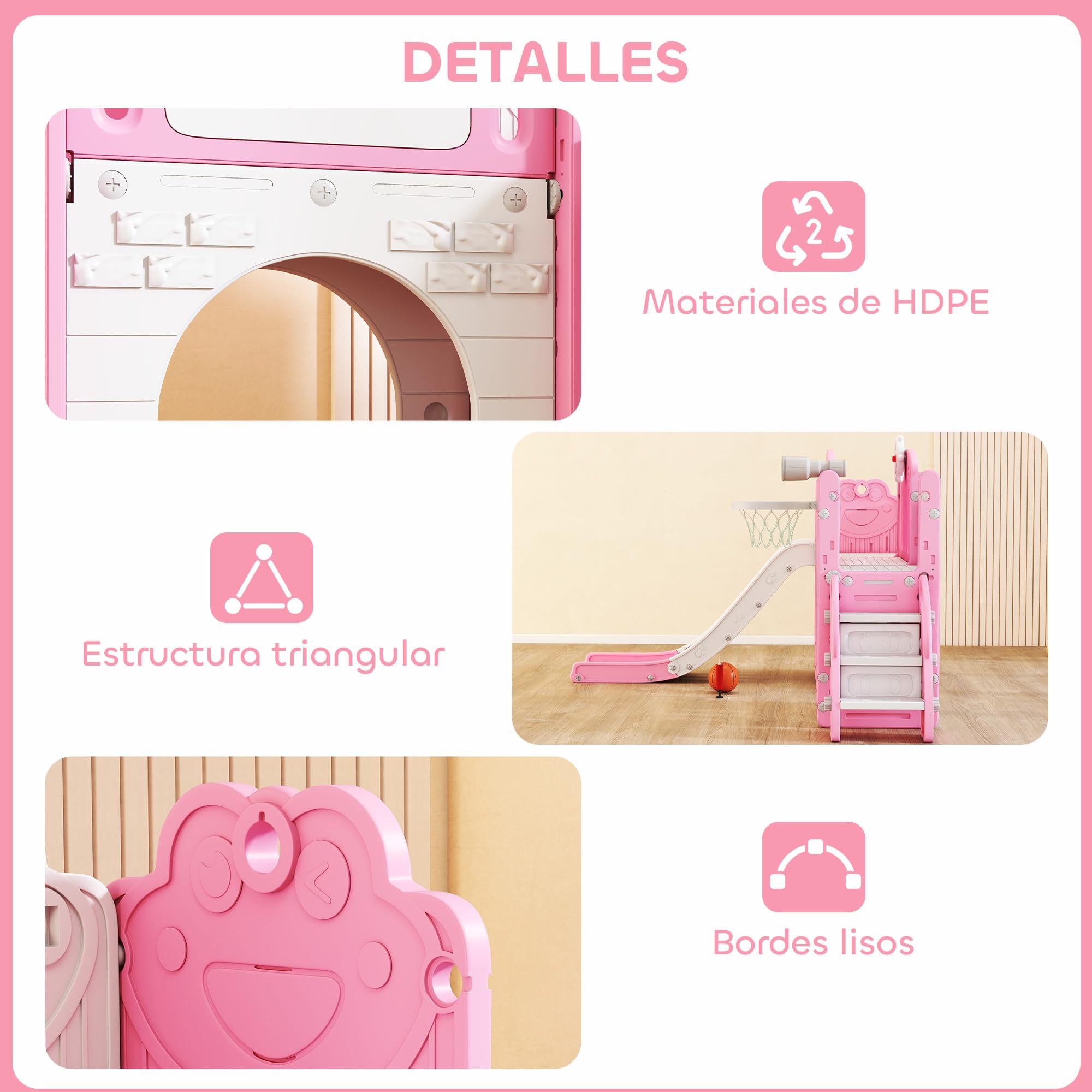 AIYAPLAY Tobogán Infantil 7 en 1, Tobogán para Niños de 1-3 Años, Temática de Rana, con Aro de Baloncesto, Túnel, Pizarra, Telescopio de Juguete, Escalador y Cajas, para Interior y Exterior, Rosa